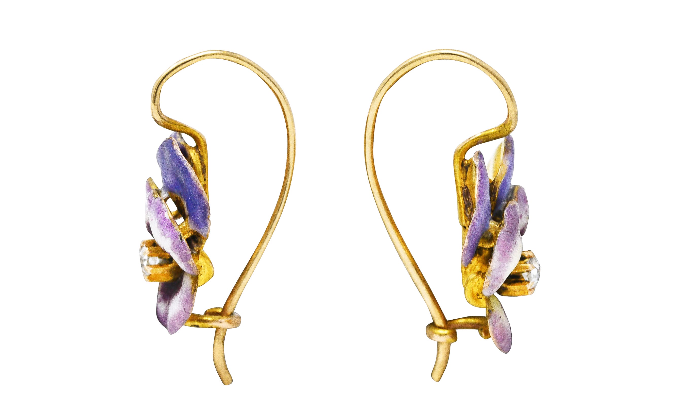 Art Nouveau Diamond Enamel 14 Karat Yellow Gold Pansy Antique Earrings Wilson's Estate Jewelry