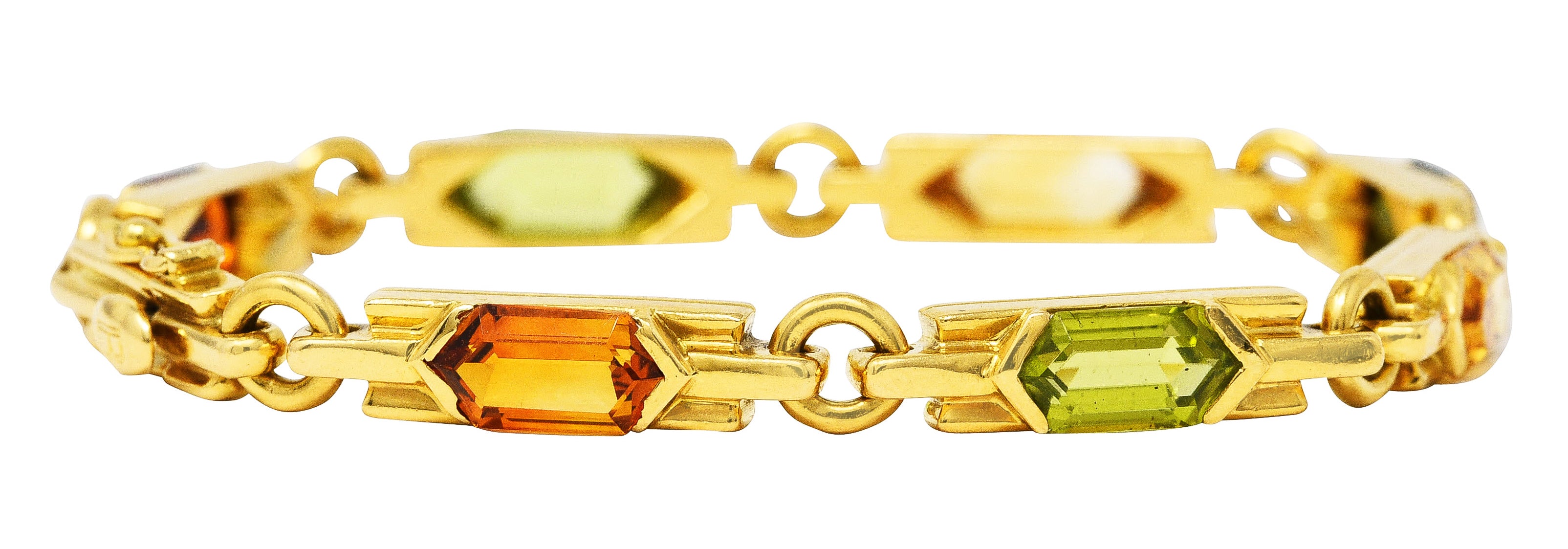 1980's Bulgari Peridot Citrine Green Tourmaline 18 Karat Yellow Gold Vintage Italian Gemstone Bracelet Wilson's Estate Jewelry