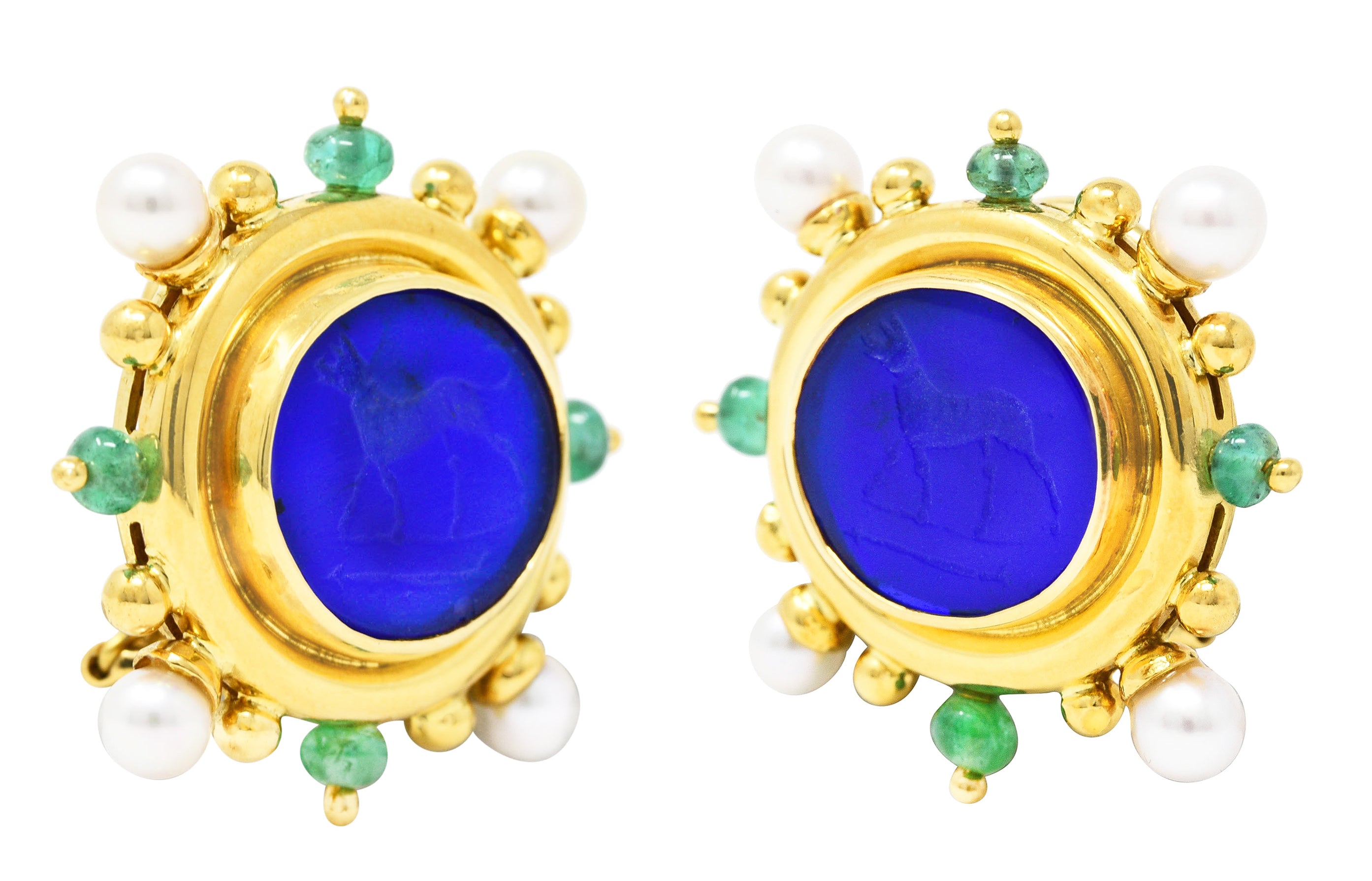 Elizabeth Locke Pearl Emerald Blue Venetian Glass Dog Intaglio 18 Karat Yellow Gold Earrings Wilson's Estate Jewelry