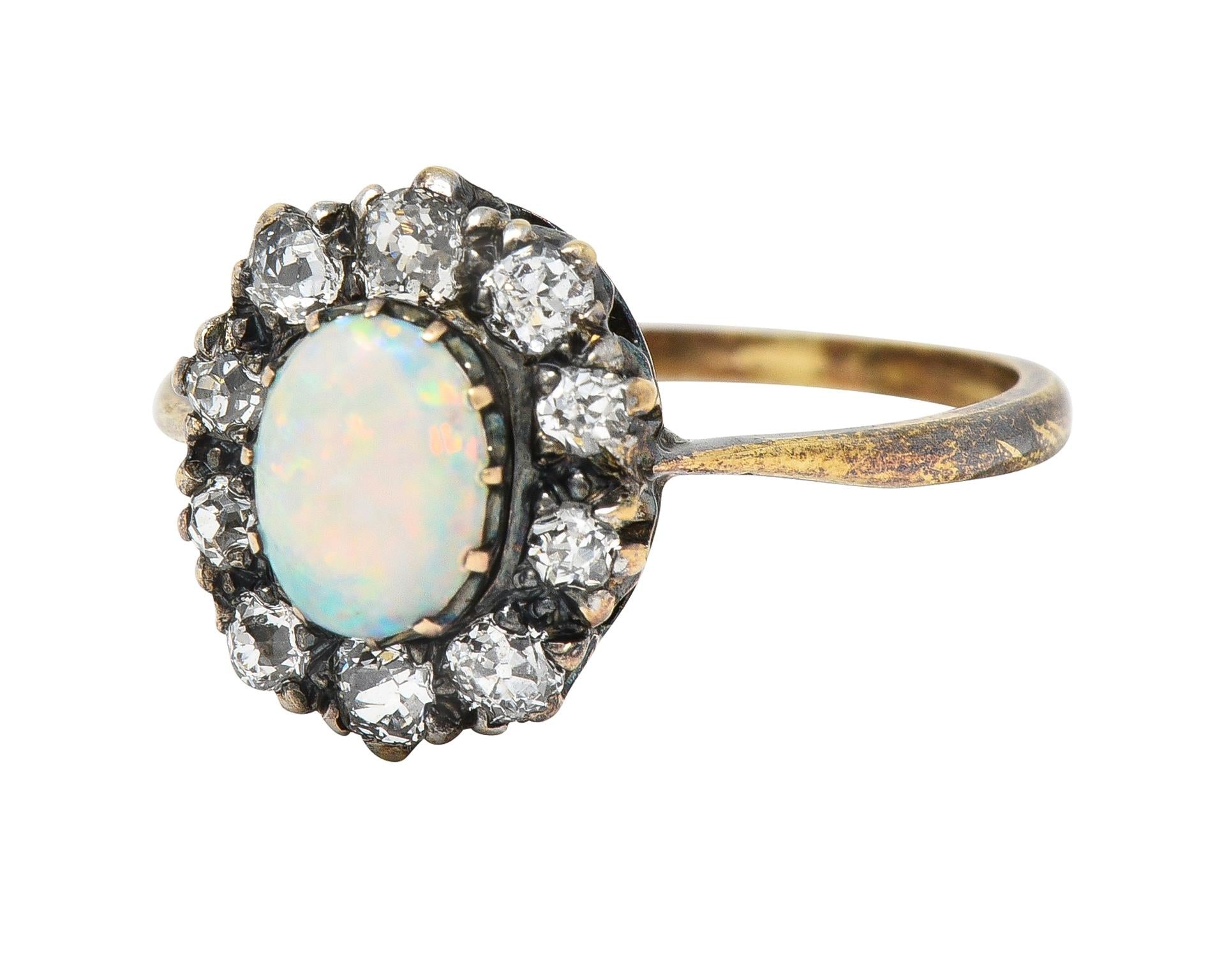 Victorian 0.52 CTW Opal Diamond Silver 14 Karat Gold Antique Halo Ring