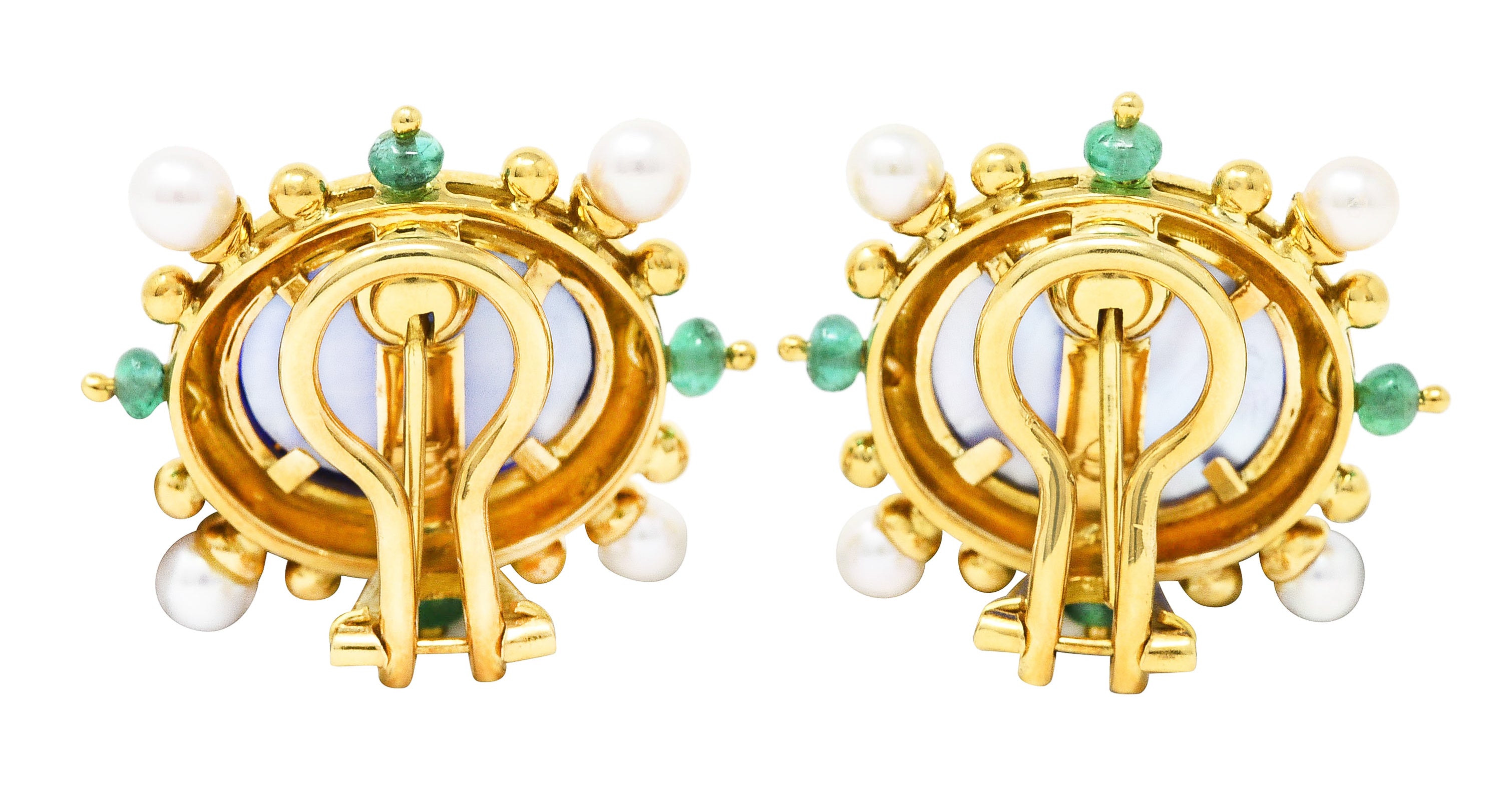 Elizabeth Locke Pearl Emerald Blue Venetian Glass Dog Intaglio 18 Karat Yellow Gold Earrings Wilson's Estate Jewelry