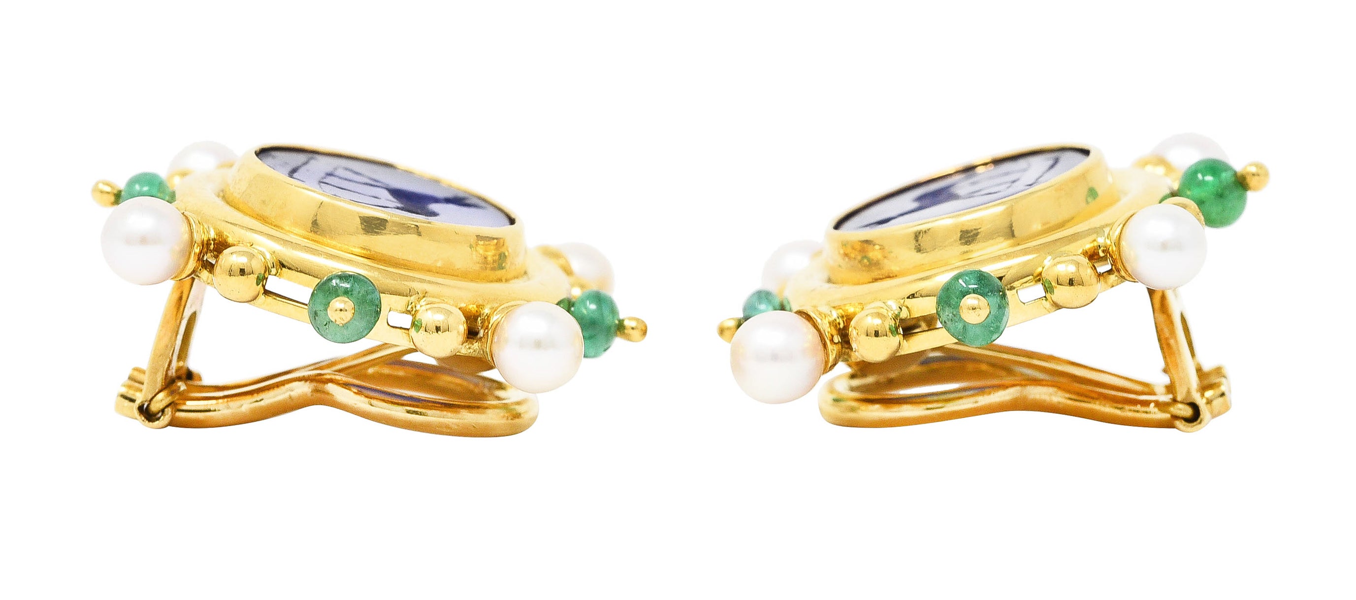 Elizabeth Locke Pearl Emerald Blue Venetian Glass Dog Intaglio 18 Karat Yellow Gold Earrings Wilson's Estate Jewelry