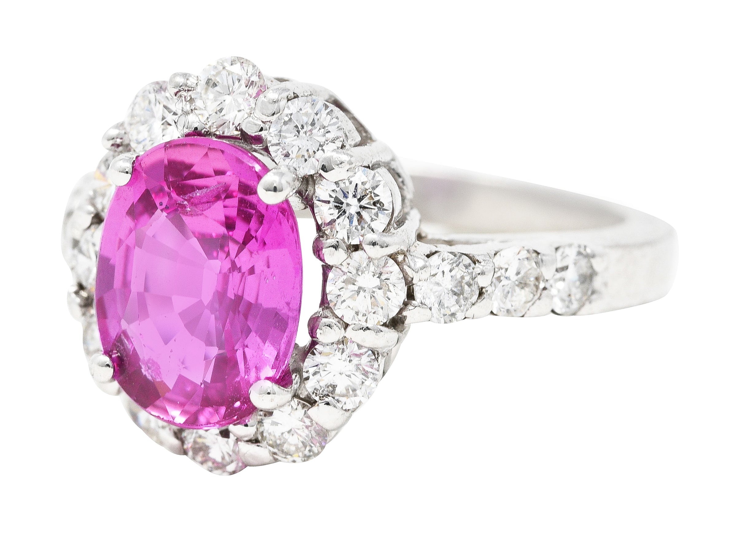 Contemporary 4.10 CTW Pink Sapphire Diamond 18 Karat White Gold Cluster Gemstone Ring Wilson's Estate Jewelry