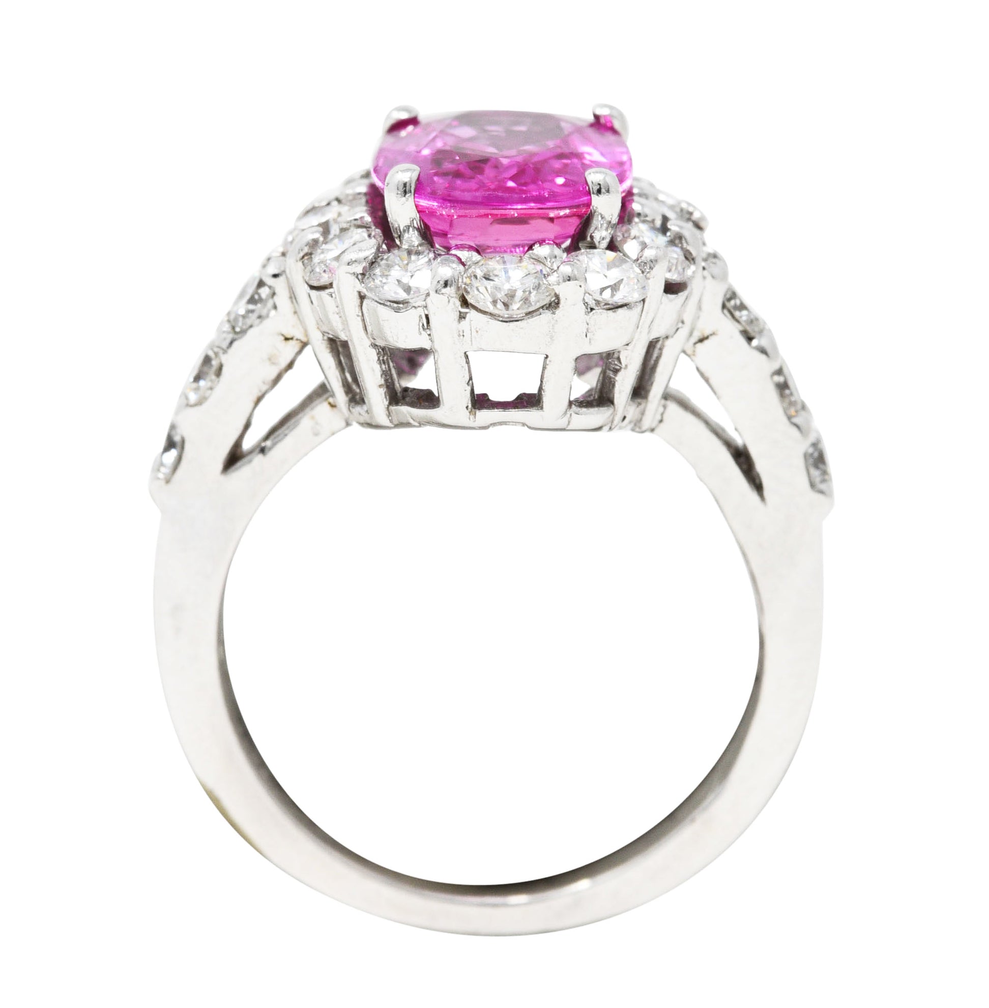 Contemporary 4.10 CTW Pink Sapphire Diamond 18 Karat White Gold Cluster Gemstone Ring Wilson's Estate Jewelry