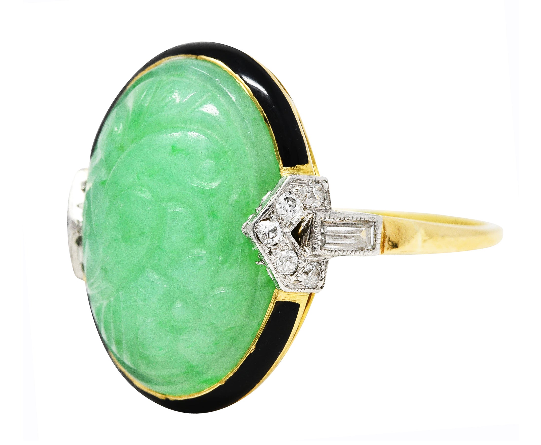 Felger Art Deco Diamond Jade Enamel Platinum 18 Karat Yellow Gold Ring Wilson's Estate Jewelry