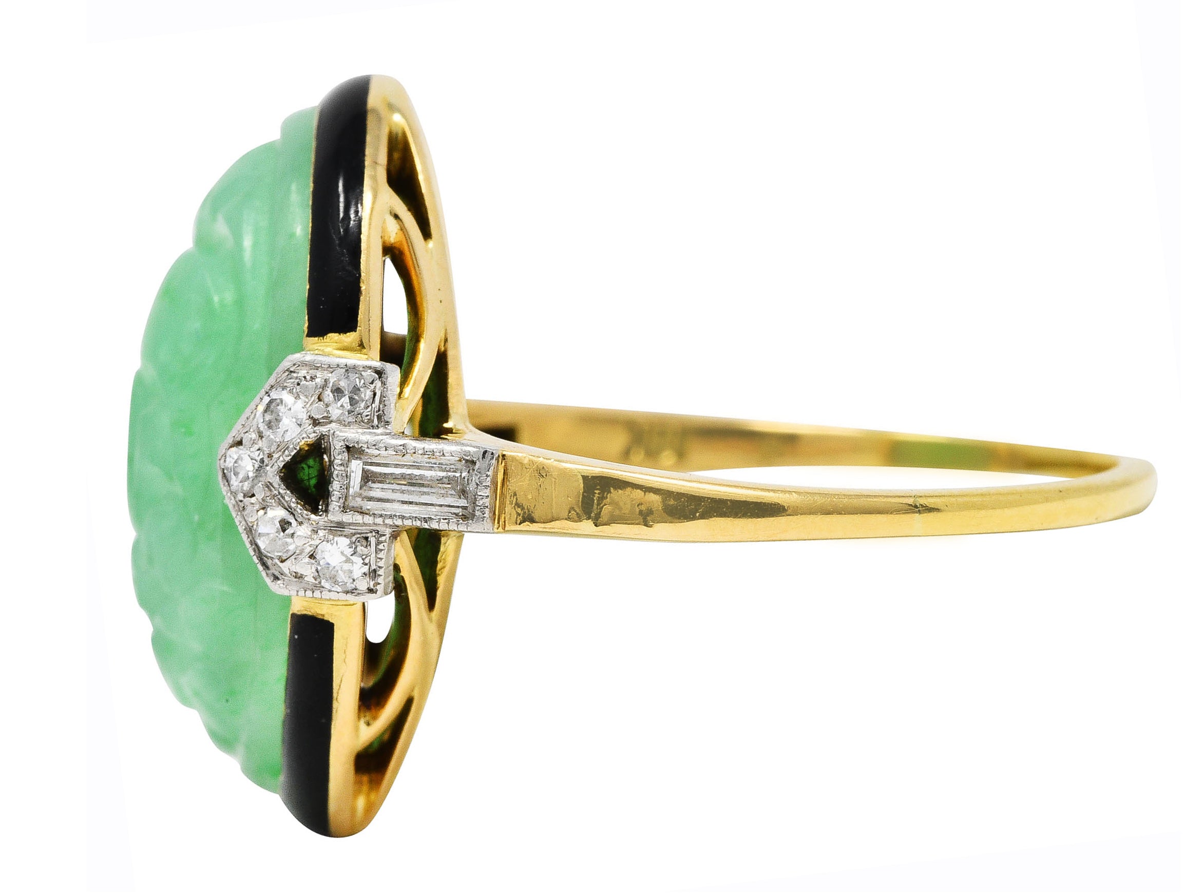 Felger Art Deco Diamond Jade Enamel Platinum 18 Karat Yellow Gold Ring Wilson's Estate Jewelry