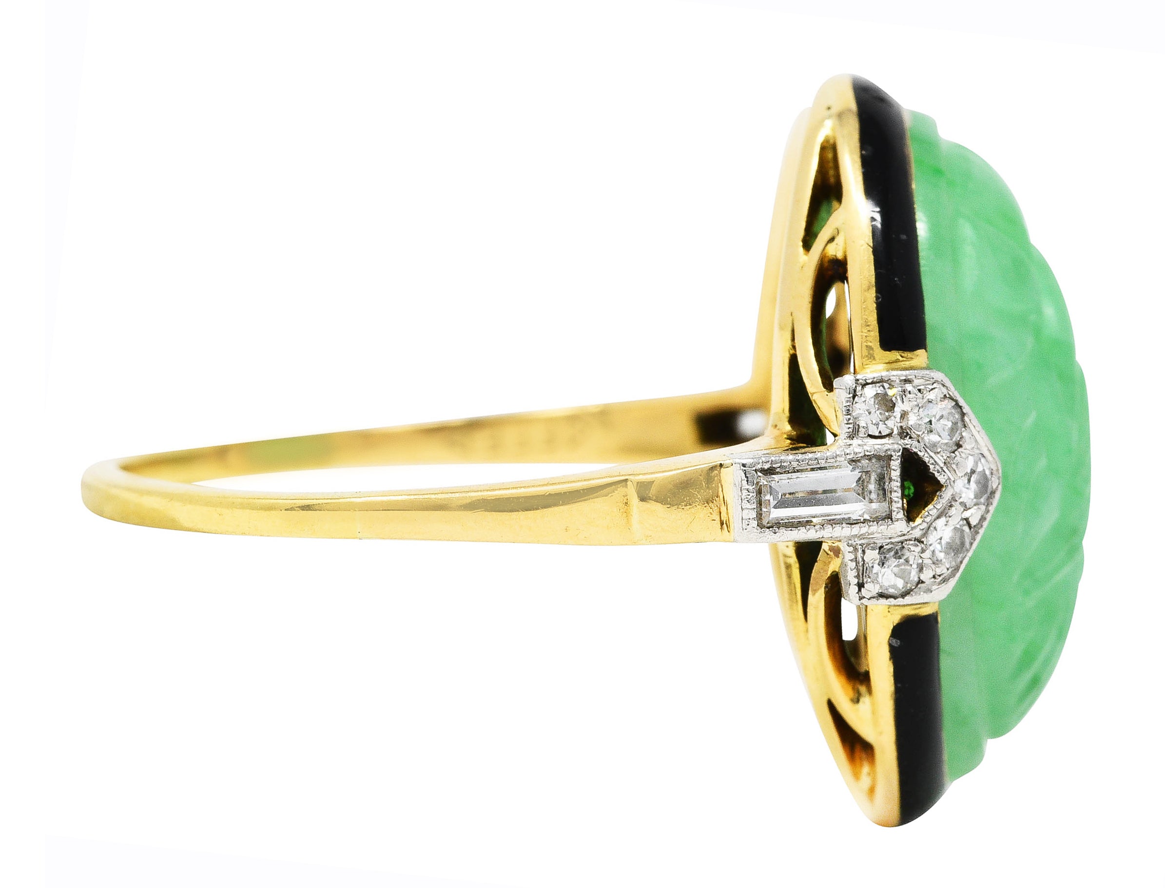 Felger Art Deco Diamond Jade Enamel Platinum 18 Karat Yellow Gold Ring Wilson's Estate Jewelry