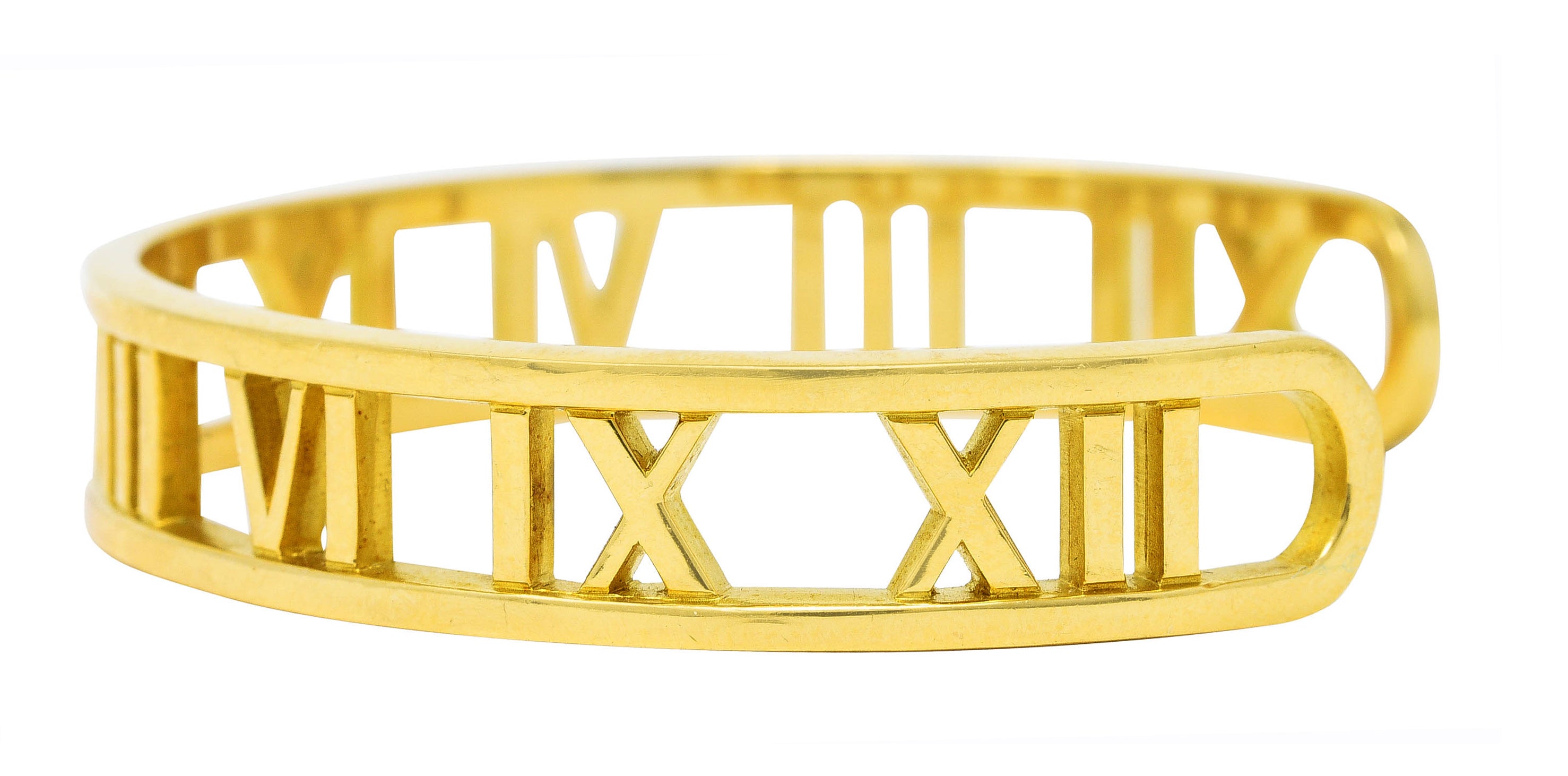 2003 Tiffany & Co. Italy 18 Karat Yellow Gold Roman Numeral Atlas Cuff Bracelet Wilson's Estate Jewelry