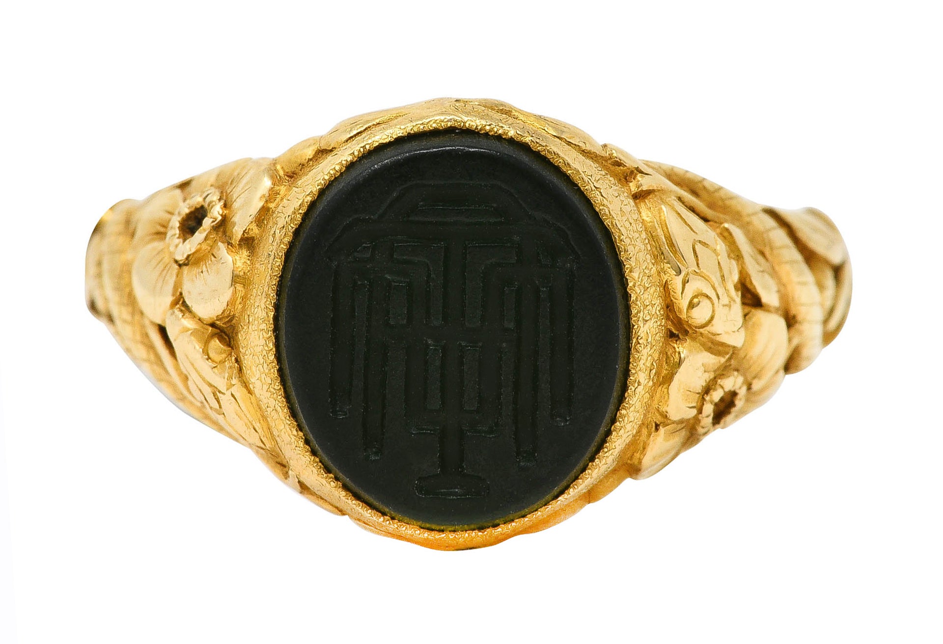 Tiffany & Co. Victorian Nephrite Jade 18 Karat Yellow Gold Floral Snake Signet Intaglio Unisex Ring Wilson's Estate Jewelry