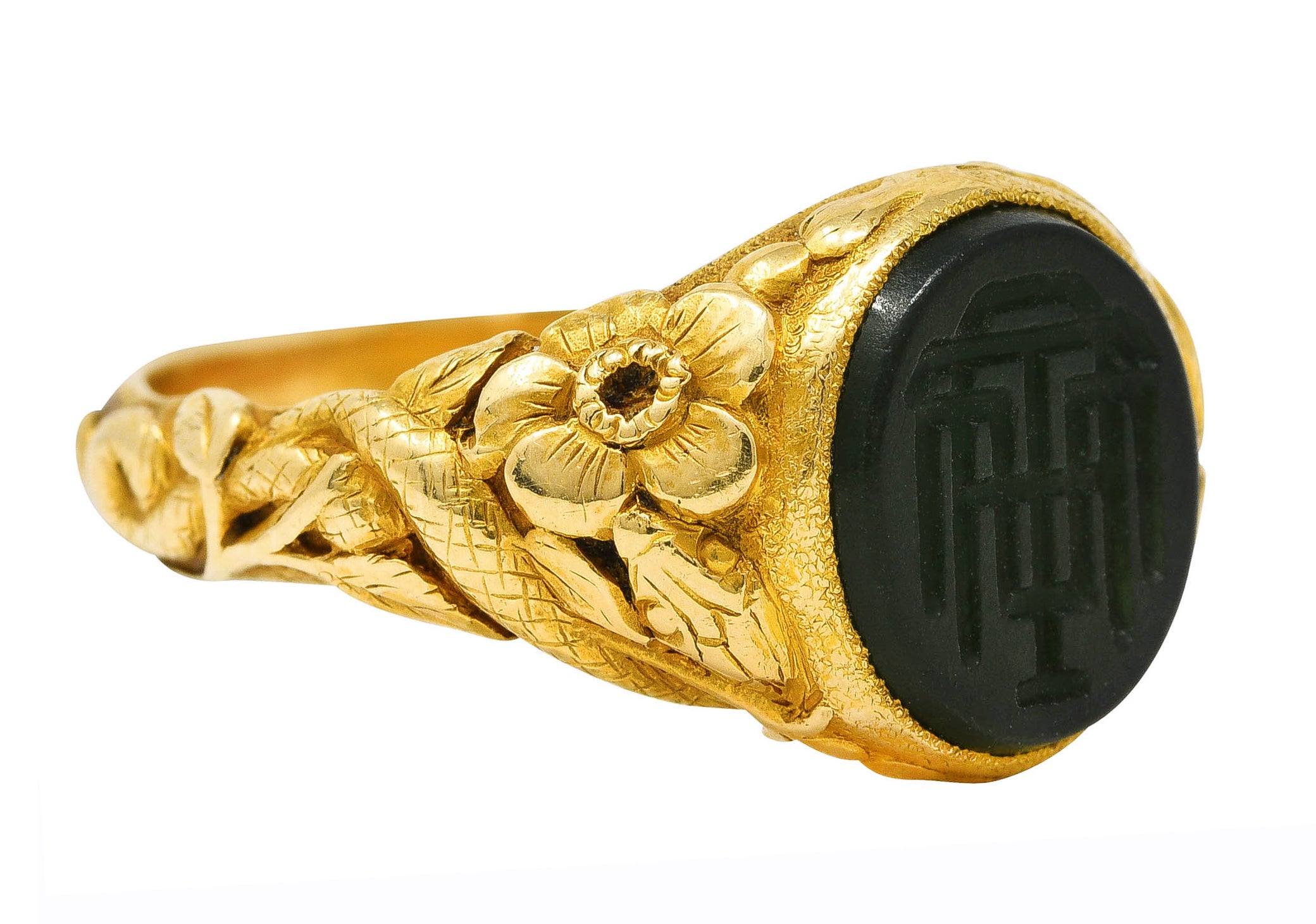 Tiffany & Co. Victorian Nephrite Jade 18 Karat Yellow Gold Floral Snake Signet Intaglio Unisex Ring Wilson's Estate Jewelry