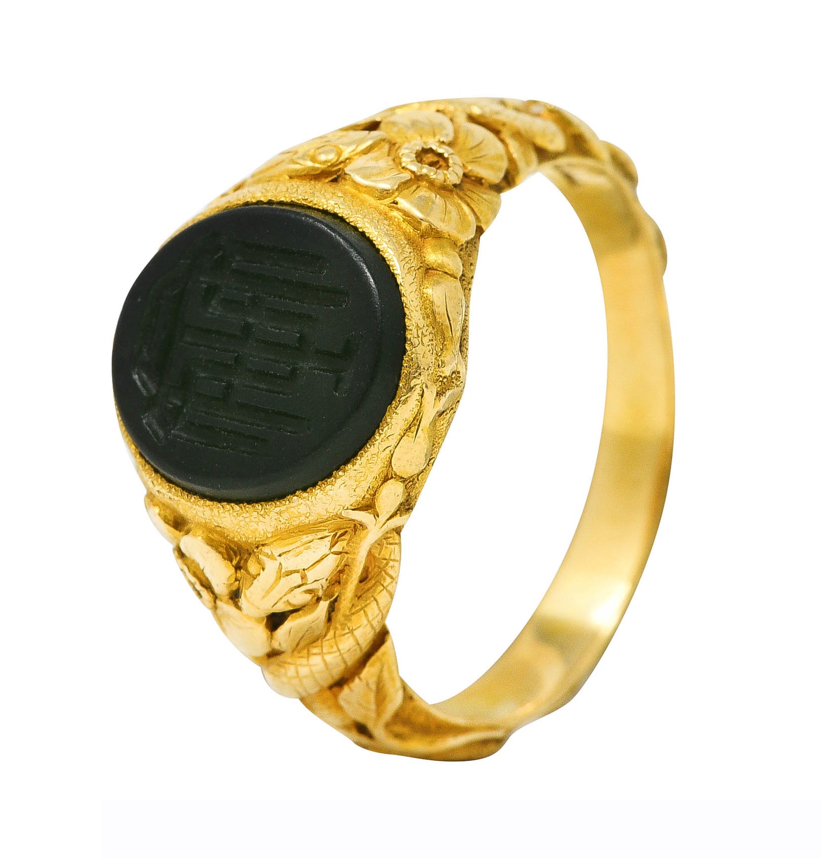 Tiffany & Co. Victorian Nephrite Jade 18 Karat Yellow Gold Floral Snake Signet Intaglio Unisex Ring Wilson's Estate Jewelry