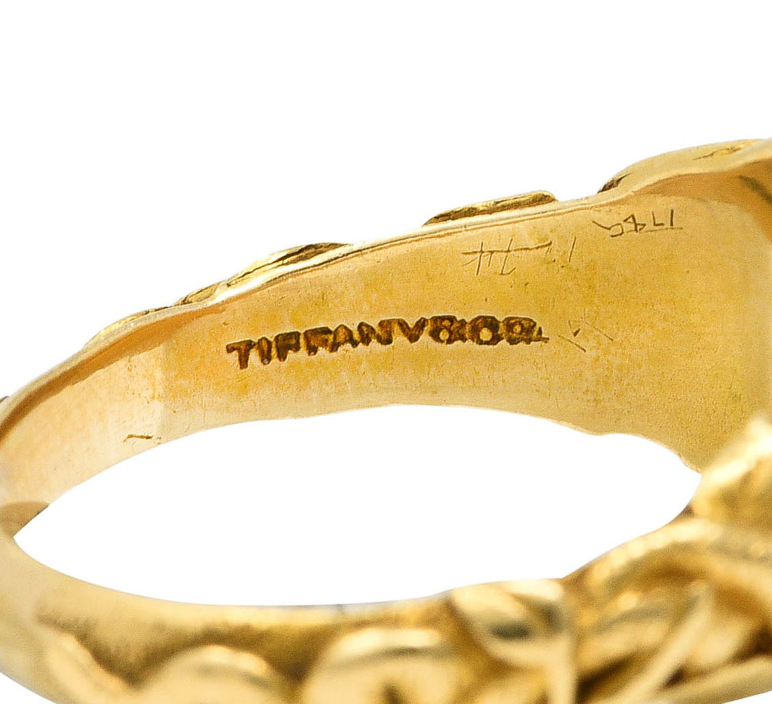 Tiffany & Co. Victorian Nephrite Jade 18 Karat Yellow Gold Floral Snake Signet Intaglio Unisex Ring Wilson's Estate Jewelry