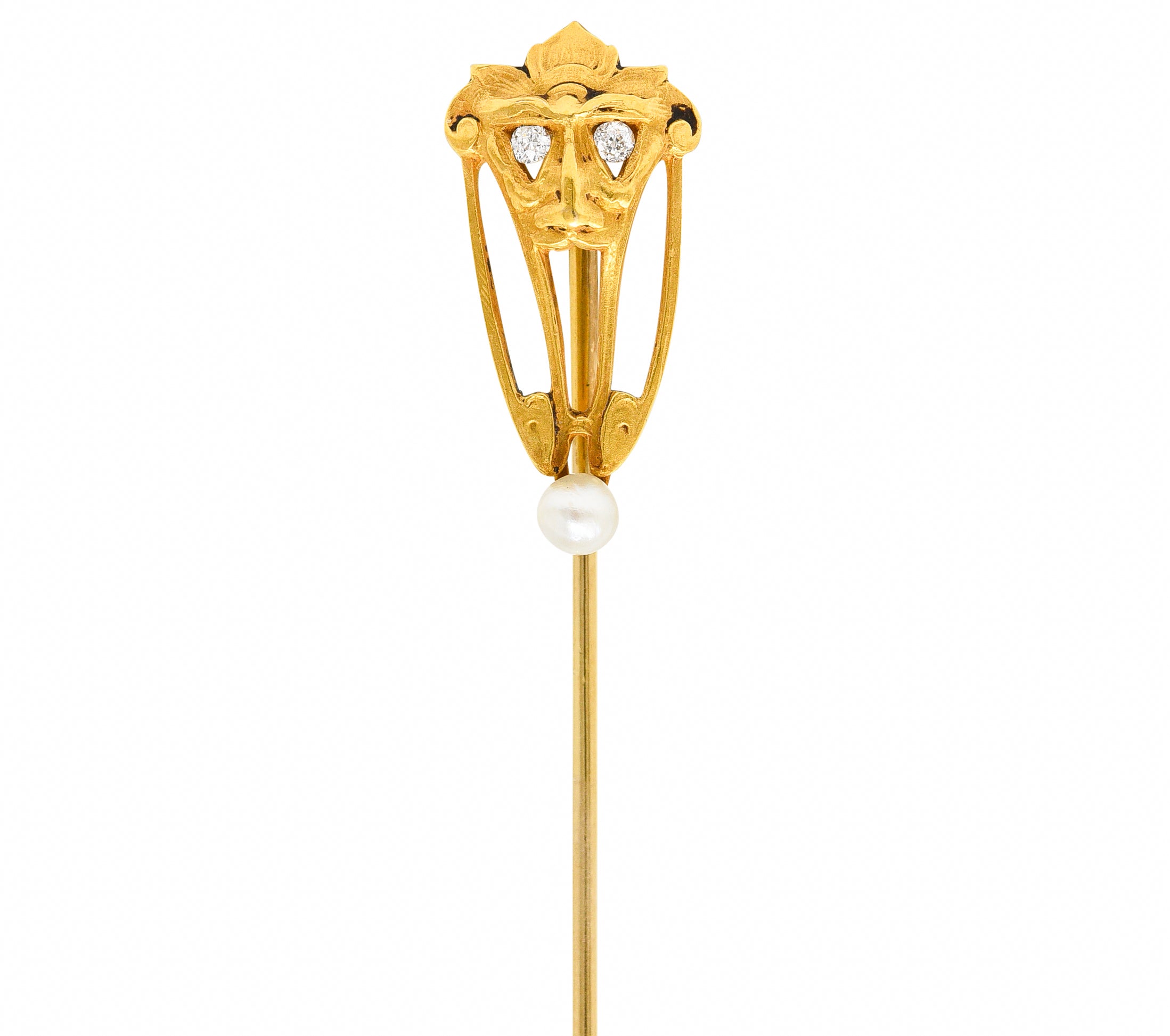 Brassler Co. Art Nouveau Diamond Pearl 14 Karat Yellow Gold Greenman Antique Unisex Stickpin Wilson's Estate Jewelry