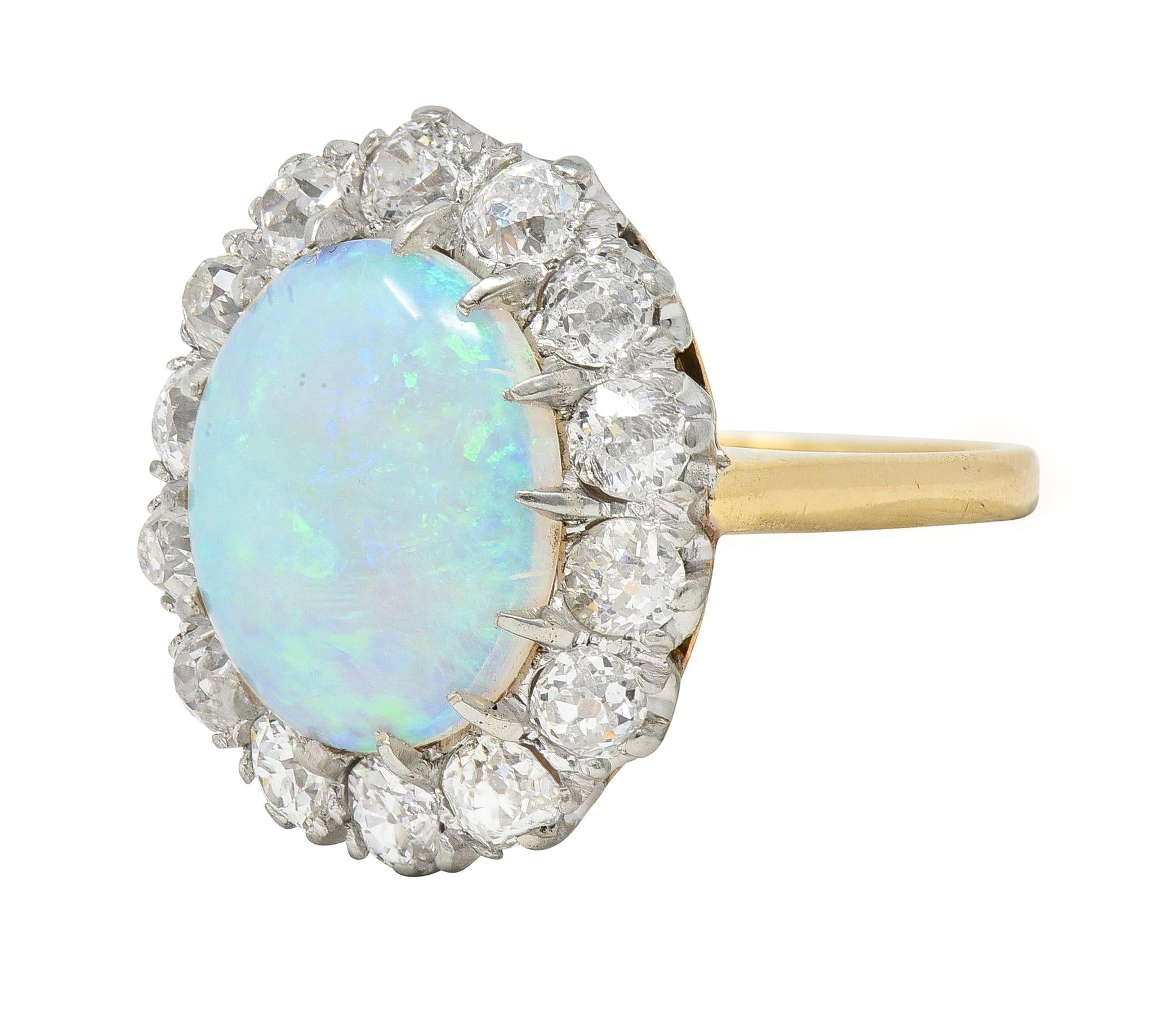 Edwardian Diamond Opal Cabochon 14 Karat Yellow Gold Antique Cluster Ring