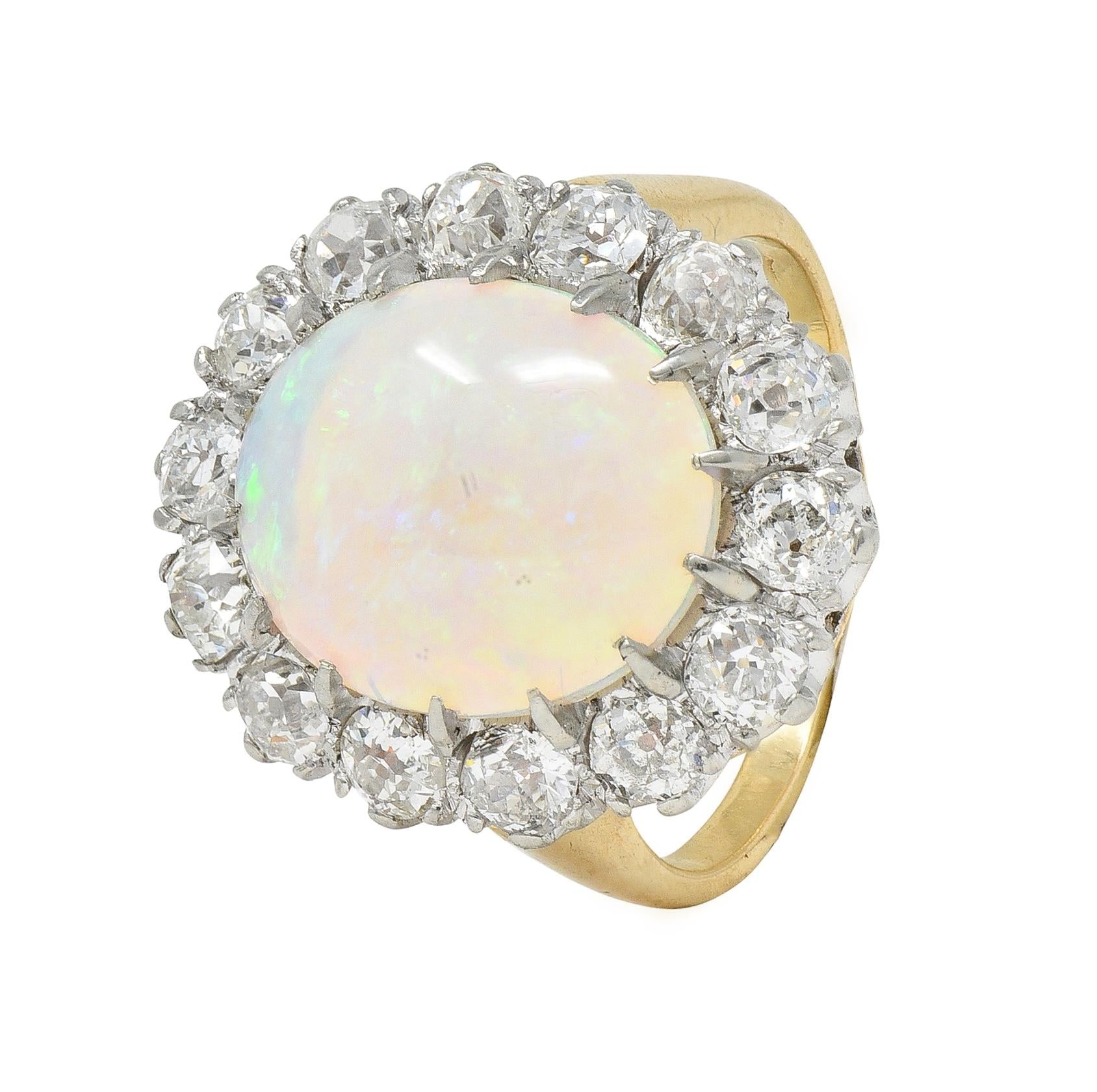 Edwardian Diamond Opal Cabochon 14 Karat Yellow Gold Antique Cluster Ring