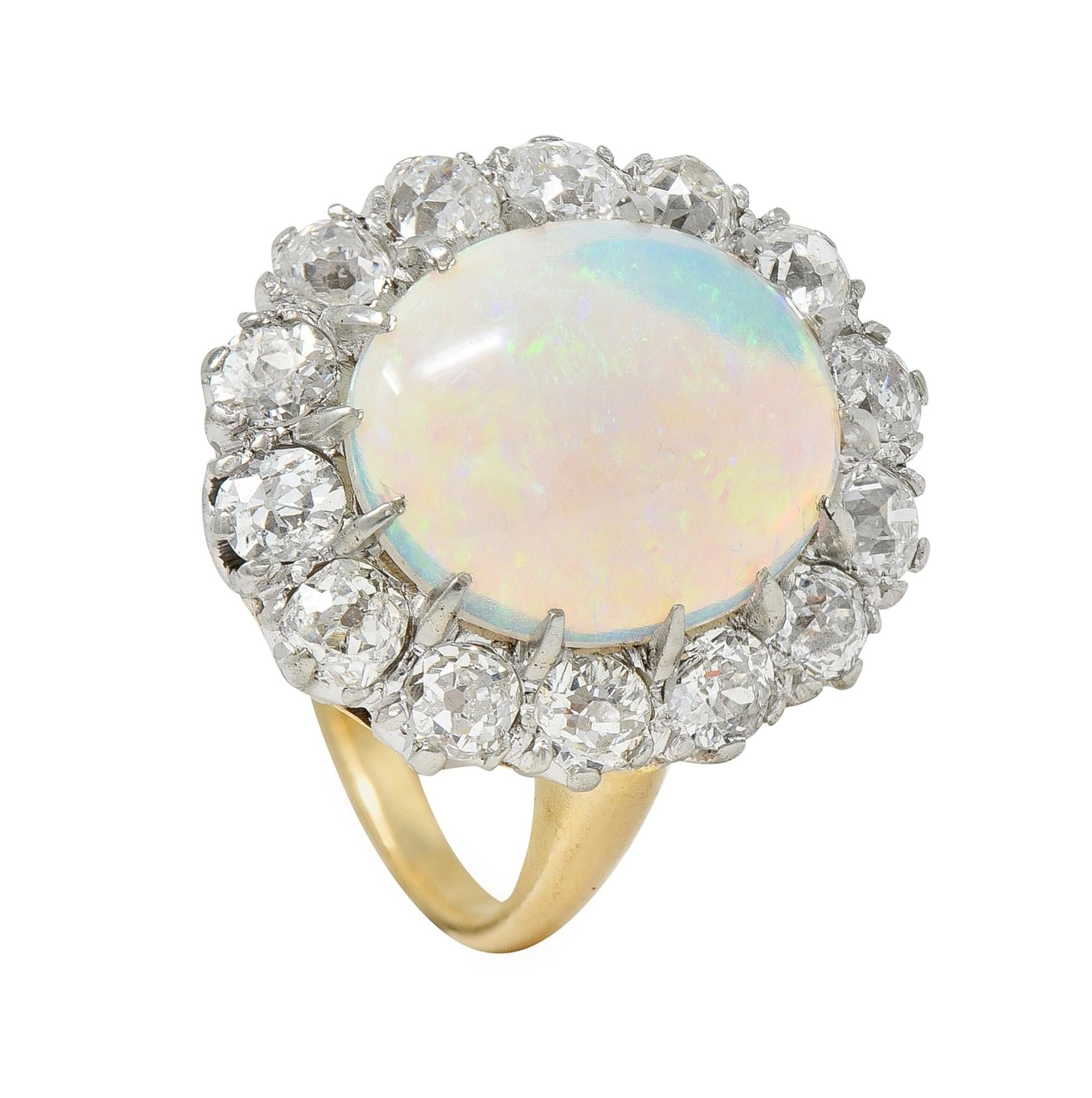 Edwardian Diamond Opal Cabochon 14 Karat Yellow Gold Antique Cluster Ring