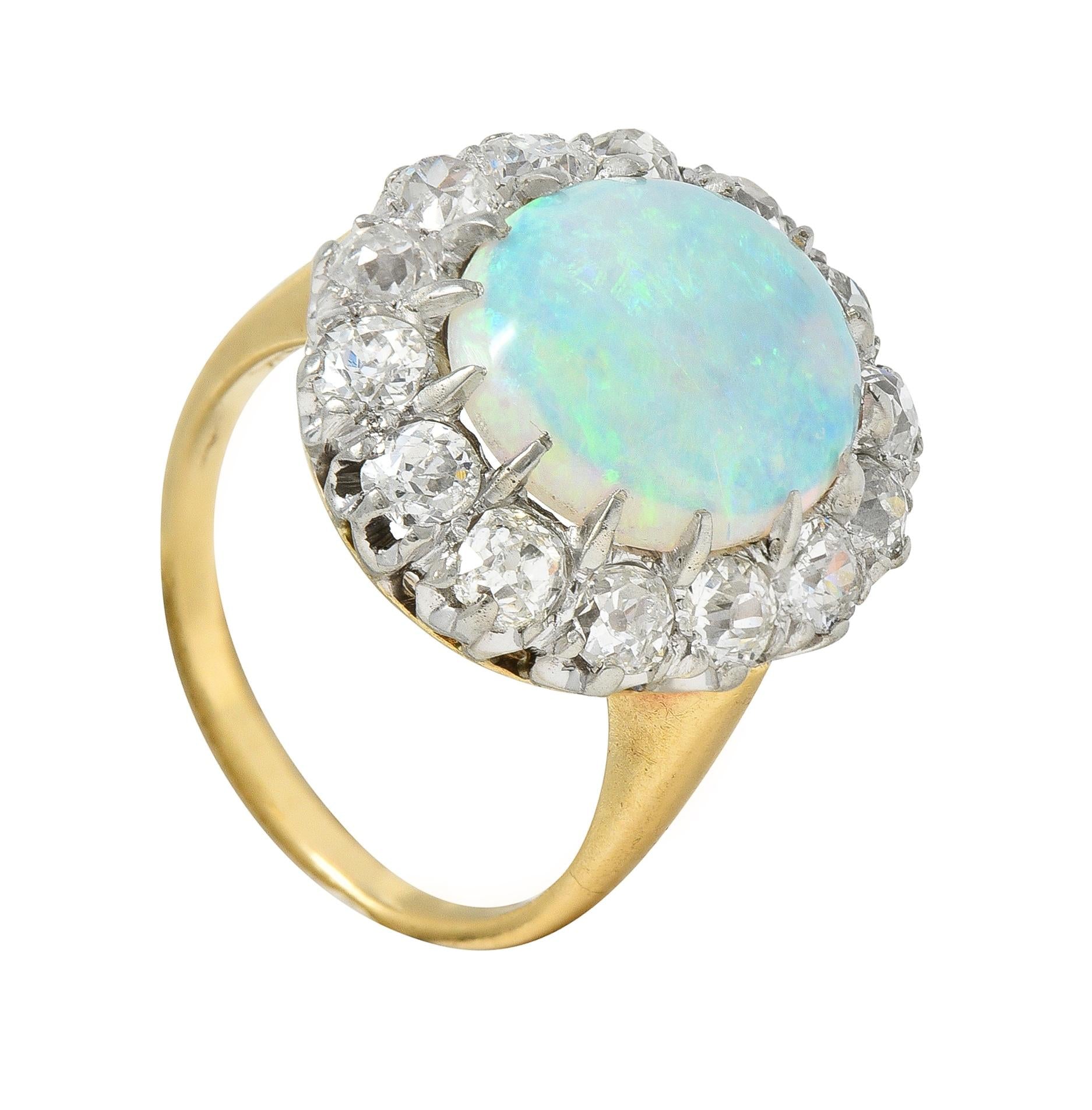 Edwardian Diamond Opal Cabochon 14 Karat Yellow Gold Antique Cluster Ring