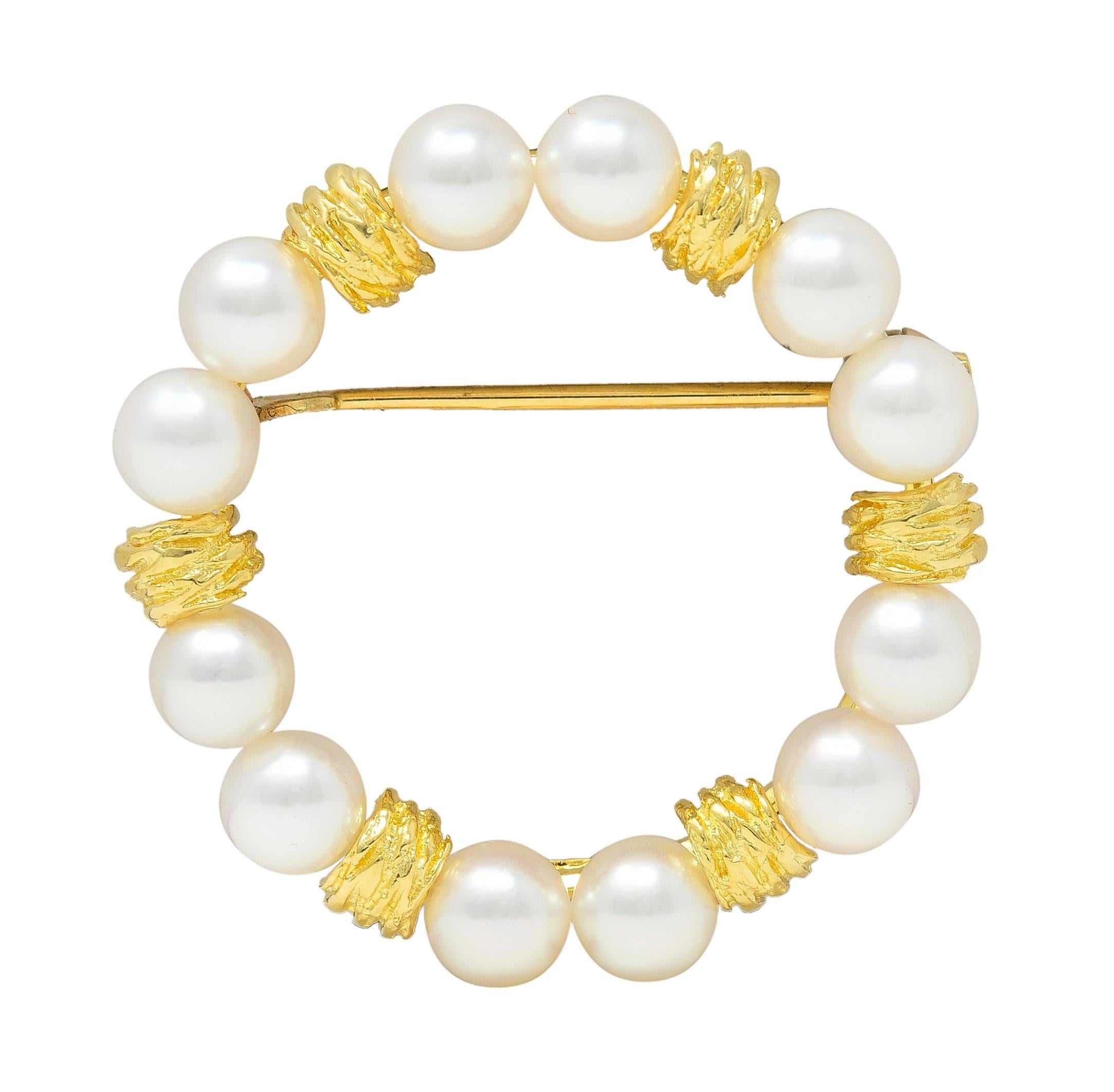 Mikimoto Pearl 14 Karat Yellow Gold Vintage Circle Wreath Brooch