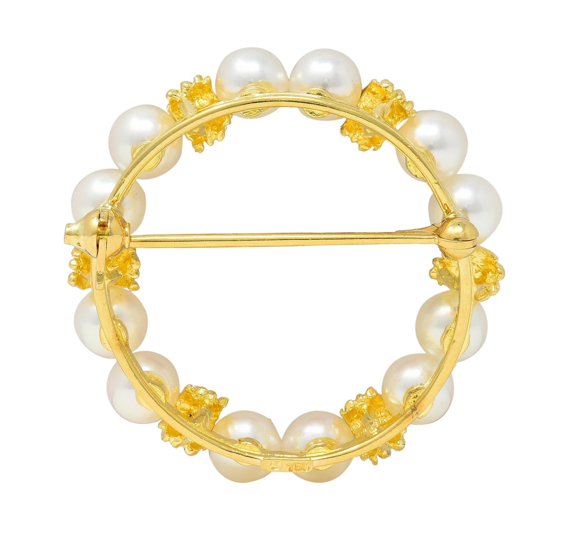 Mikimoto Pearl 14 Karat Yellow Gold Vintage Circle Wreath Brooch