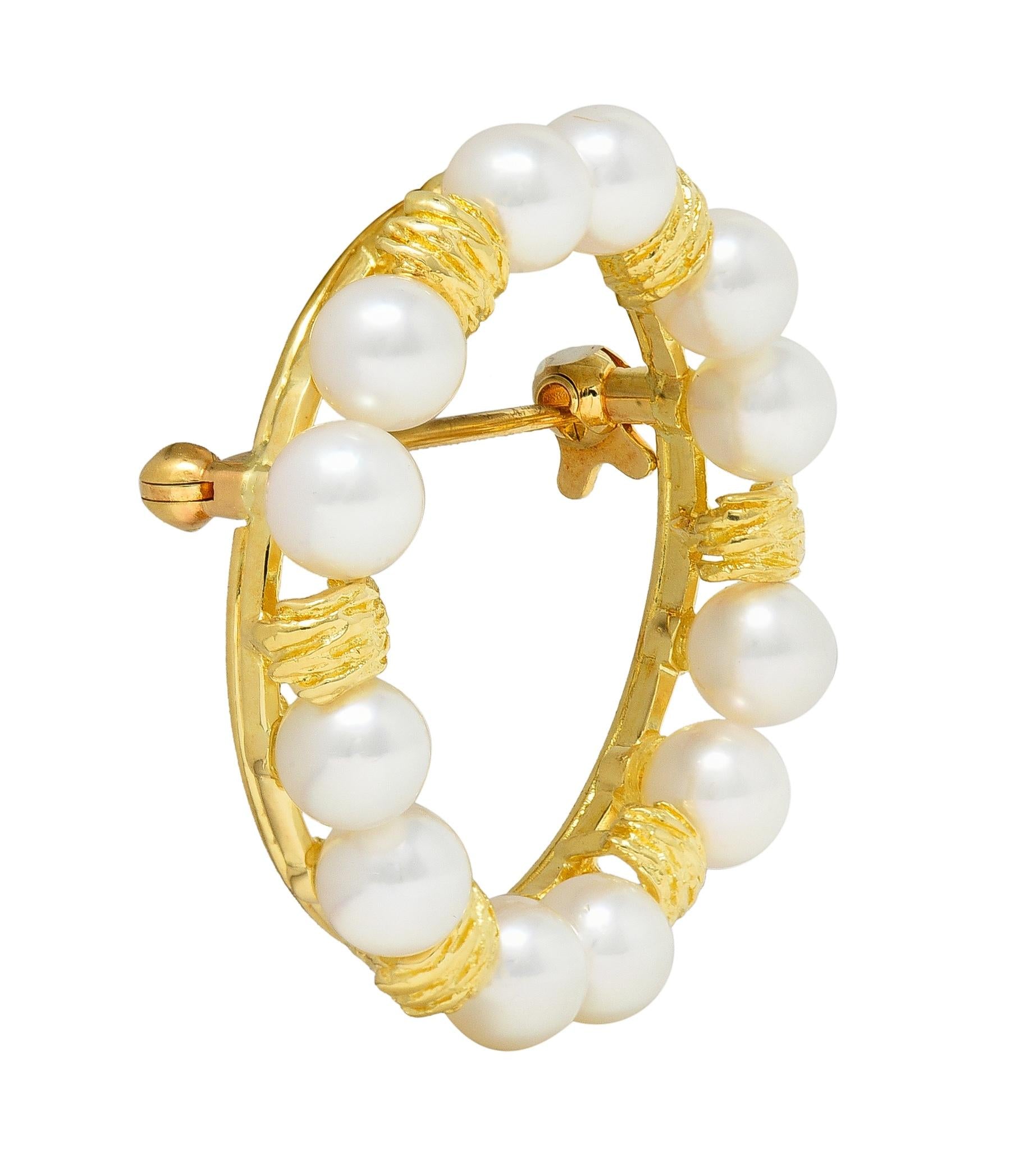 Mikimoto Pearl 14 Karat Yellow Gold Vintage Circle Wreath Brooch