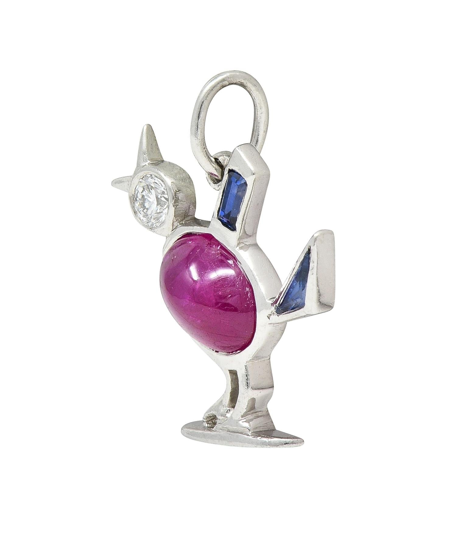 Art Deco 1.75 CTW Ruby Diamond Sapphire Platinum Bird Charm