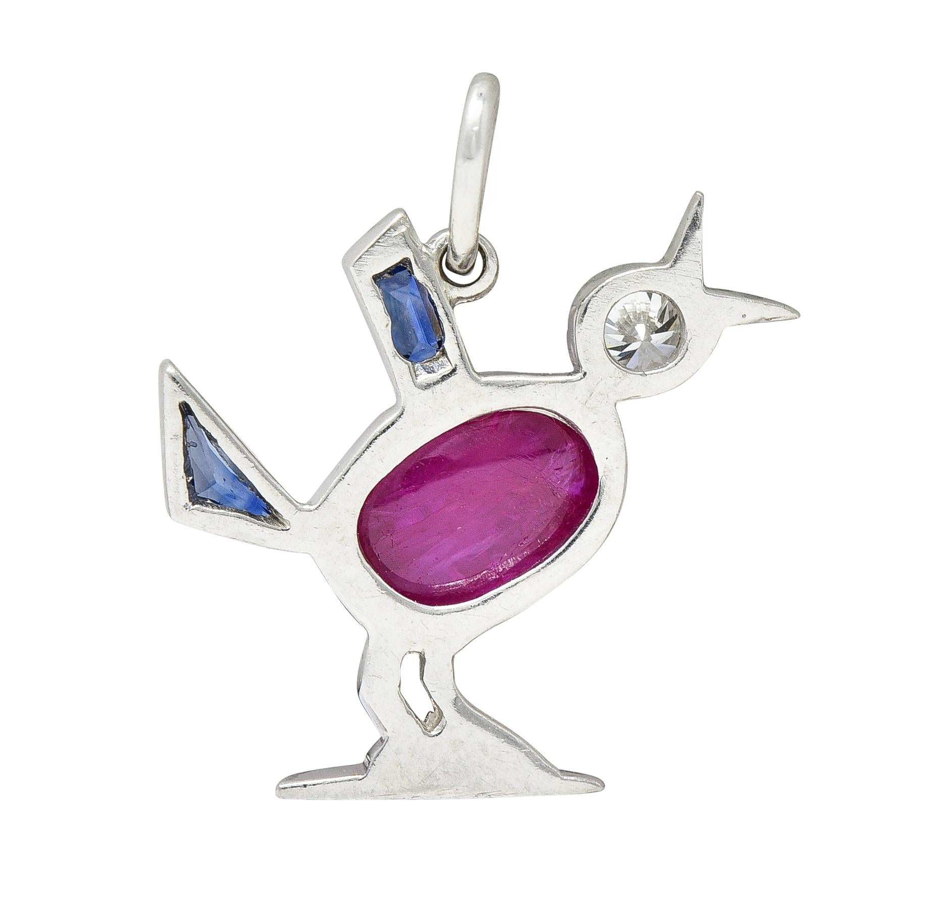 Art Deco 1.75 CTW Ruby Diamond Sapphire Platinum Bird Charm