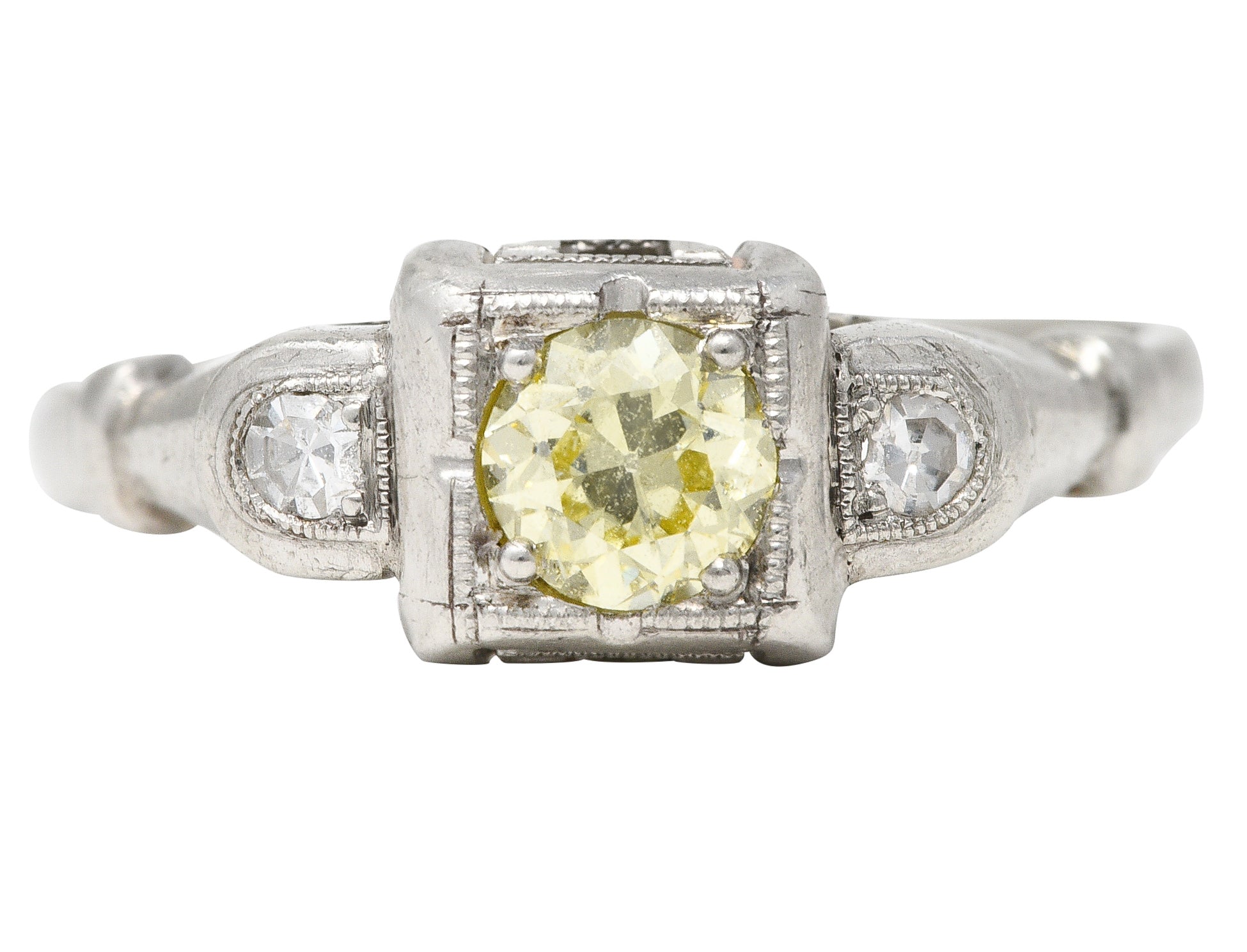 Art Deco 0.36 CTW Fancy Yellow Diamond Platinum Engagement Ring Wilson's Estate Jewelry