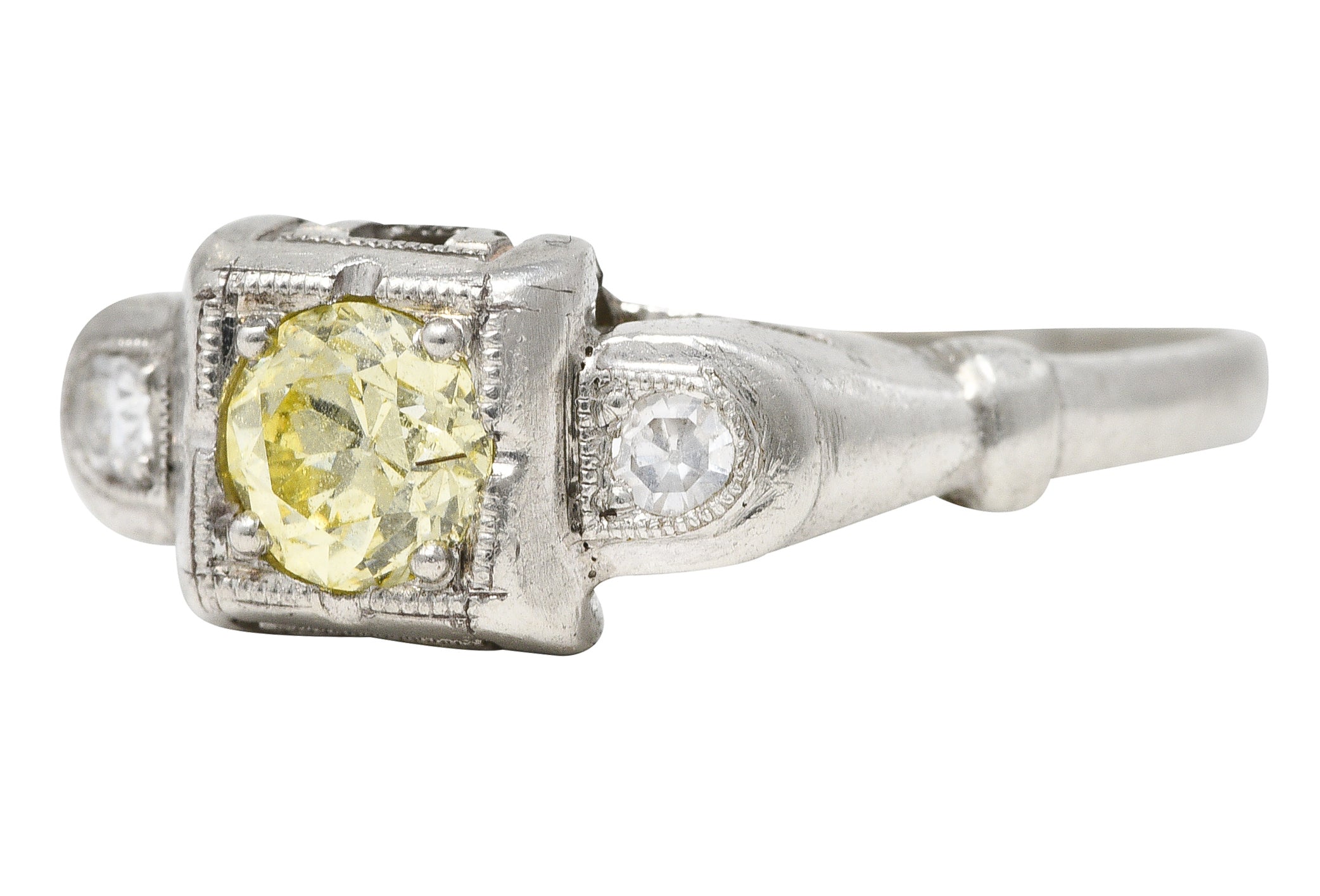 Art Deco 0.36 CTW Fancy Yellow Diamond Platinum Engagement Ring Wilson's Estate Jewelry