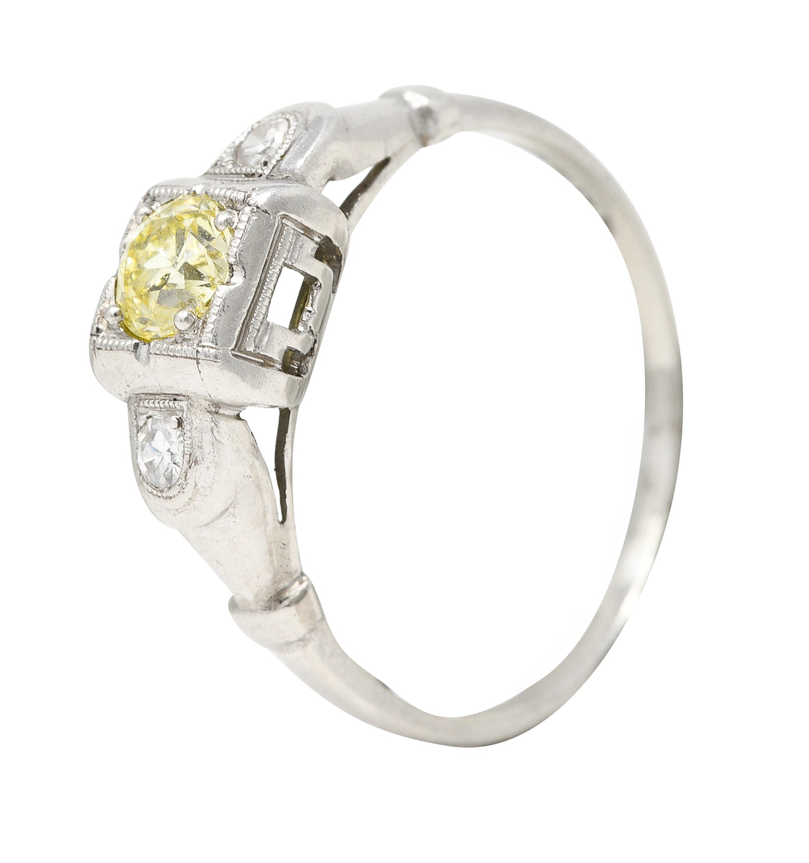 Art Deco 0.36 CTW Fancy Yellow Diamond Platinum Engagement Ring Wilson's Estate Jewelry