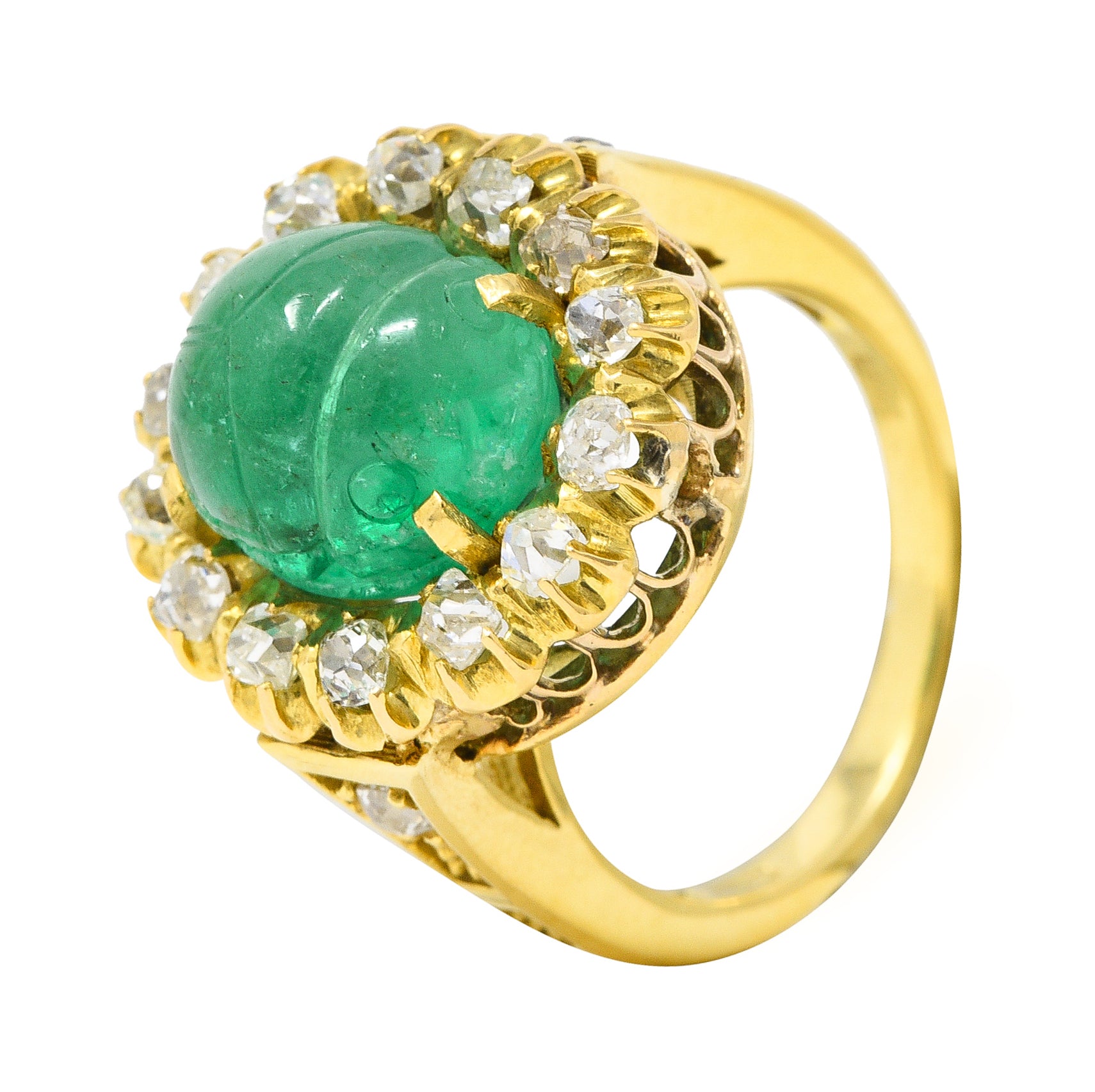 Vintage Egyptian Revival 7.80 CTW Carved Emerald Diamond 18 Karat Yellow Gold Cluster Gemstone Scarab Ring Wilson's Estate Jewelry