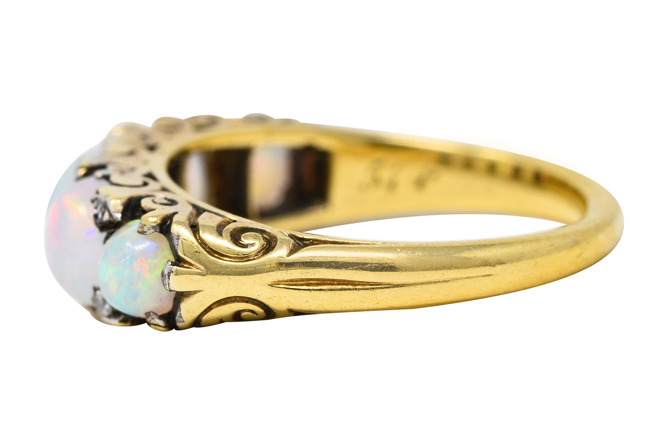 Victorian Jelly Opal Diamond 18 Karat Yellow Gold Five Stone Antique Ring Wilson's Estate Jewelry