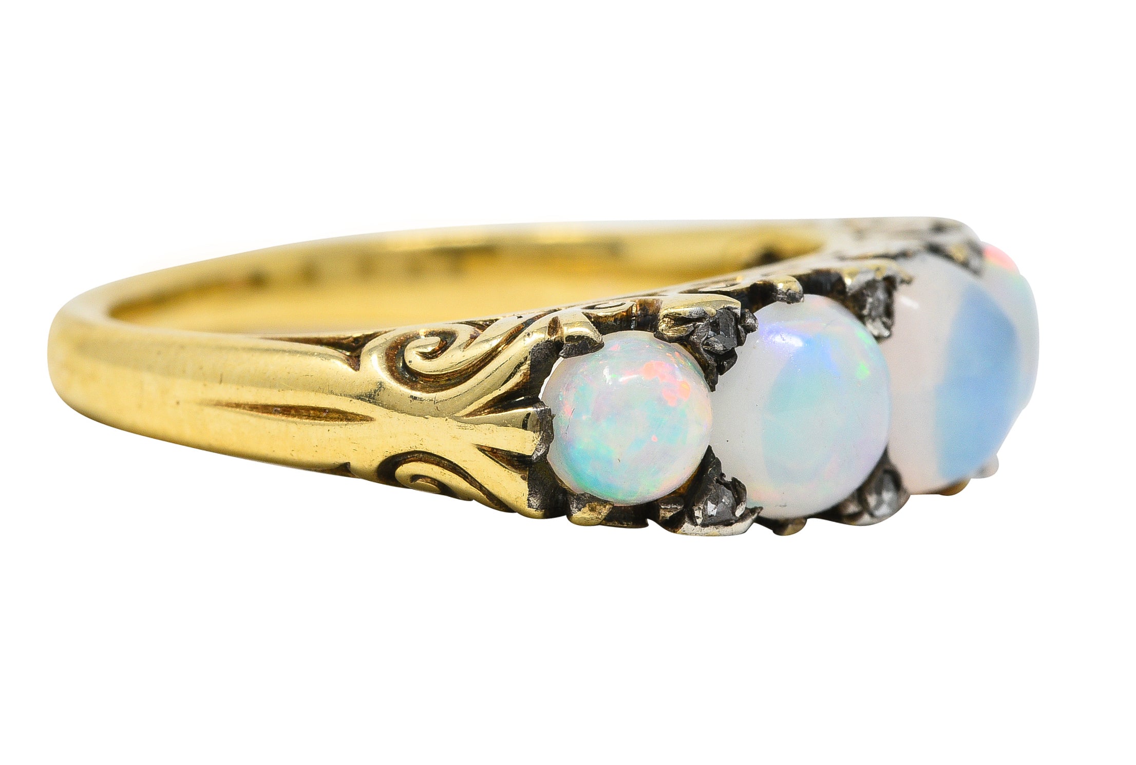 Victorian Jelly Opal Diamond 18 Karat Yellow Gold Five Stone Antique Ring Wilson's Estate Jewelry