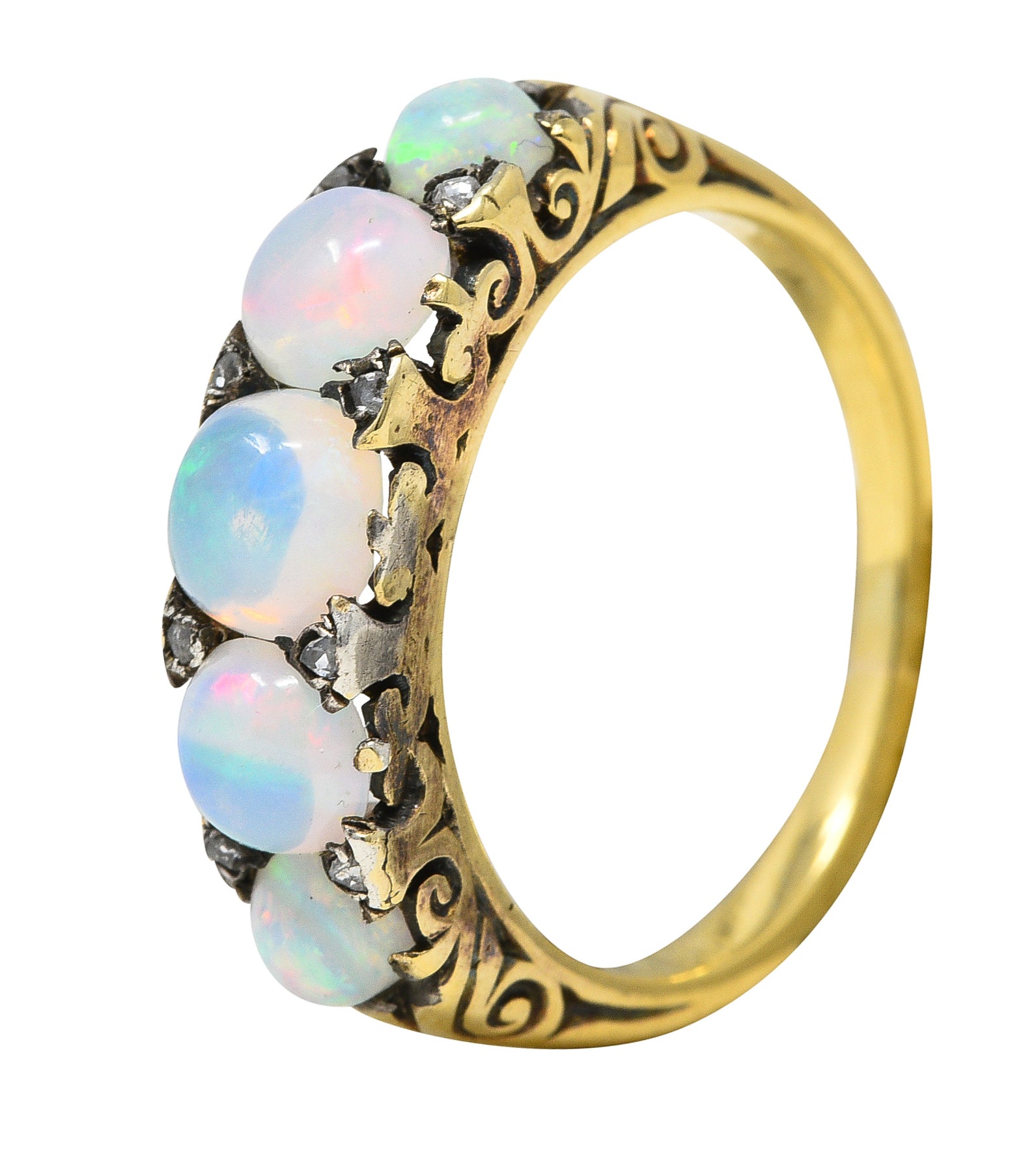 Victorian Jelly Opal Diamond 18 Karat Yellow Gold Five Stone Antique Ring Wilson's Estate Jewelry