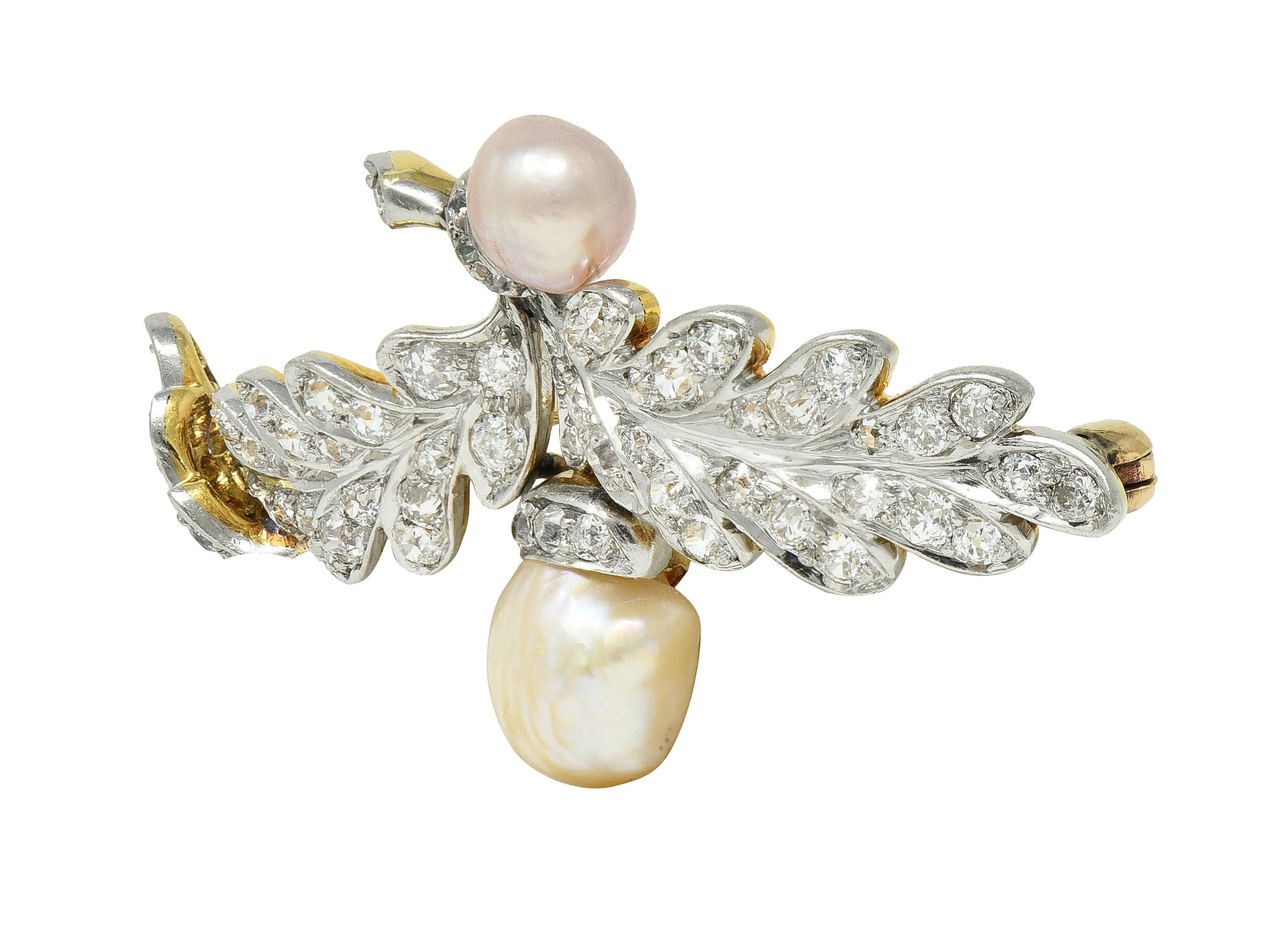 Edwardian 1.54 CTW Diamond Pearl Platinum 14 Karat Gold Antique Oak Leaf Brooch