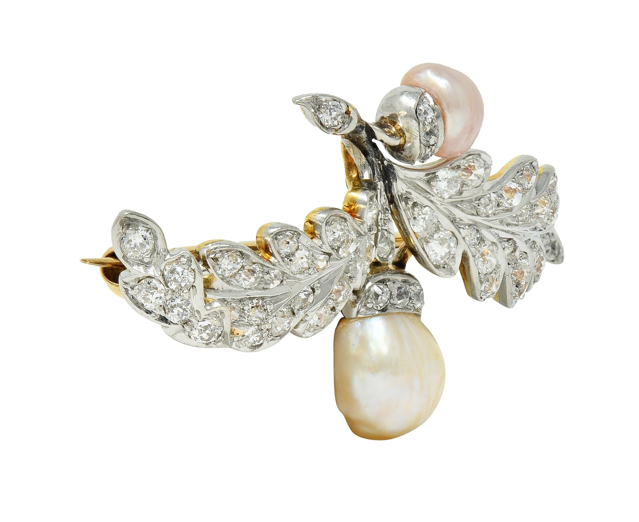 Edwardian 1.54 CTW Diamond Pearl Platinum 14 Karat Gold Antique Oak Leaf Brooch