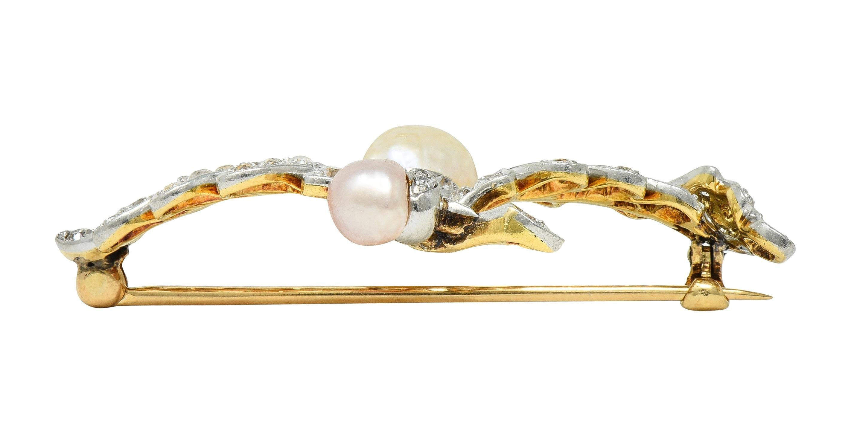 Edwardian 1.54 CTW Diamond Pearl Platinum 14 Karat Gold Antique Oak Leaf Brooch