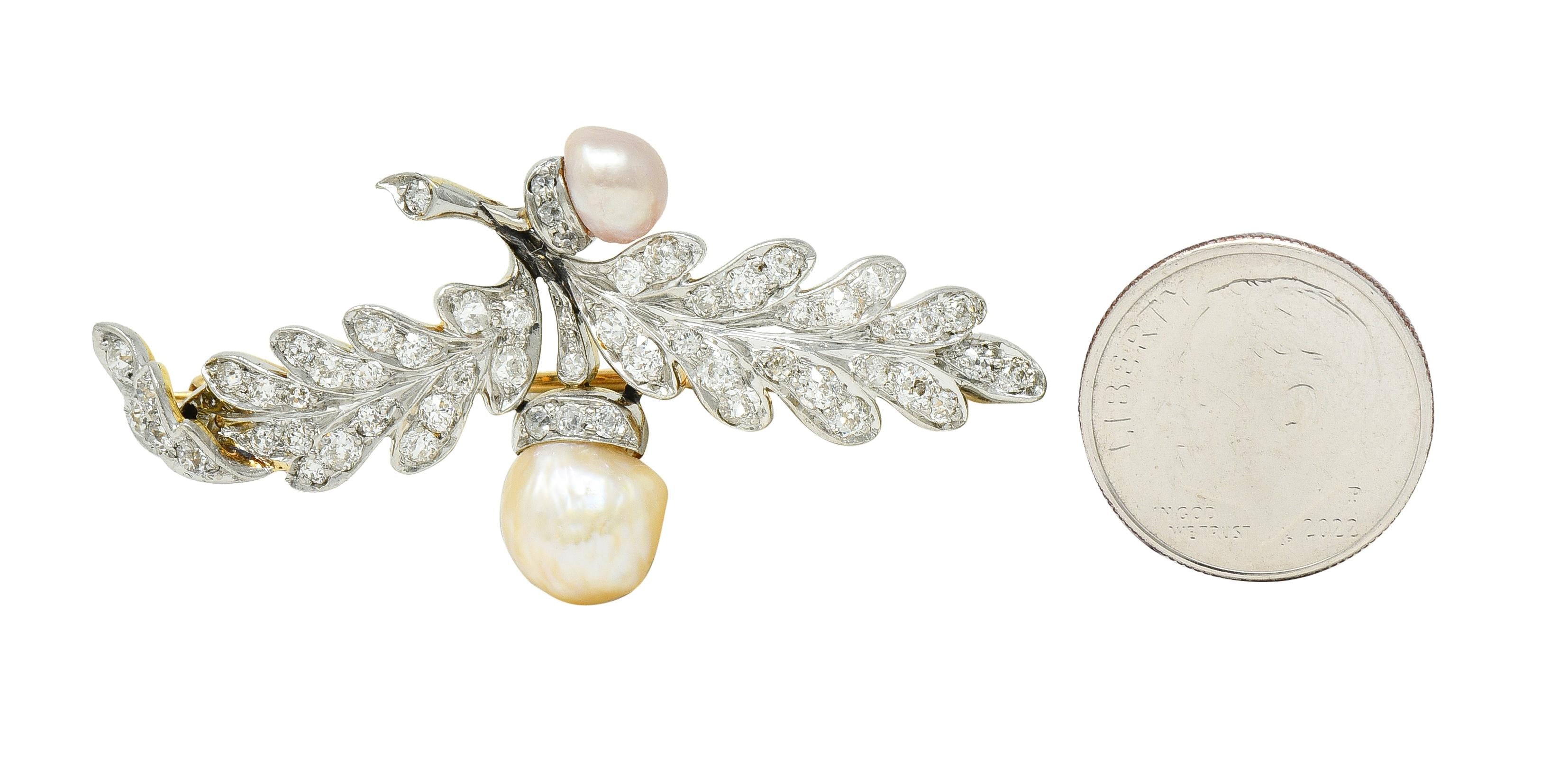 Edwardian 1.54 CTW Diamond Pearl Platinum 14 Karat Gold Antique Oak Leaf Brooch