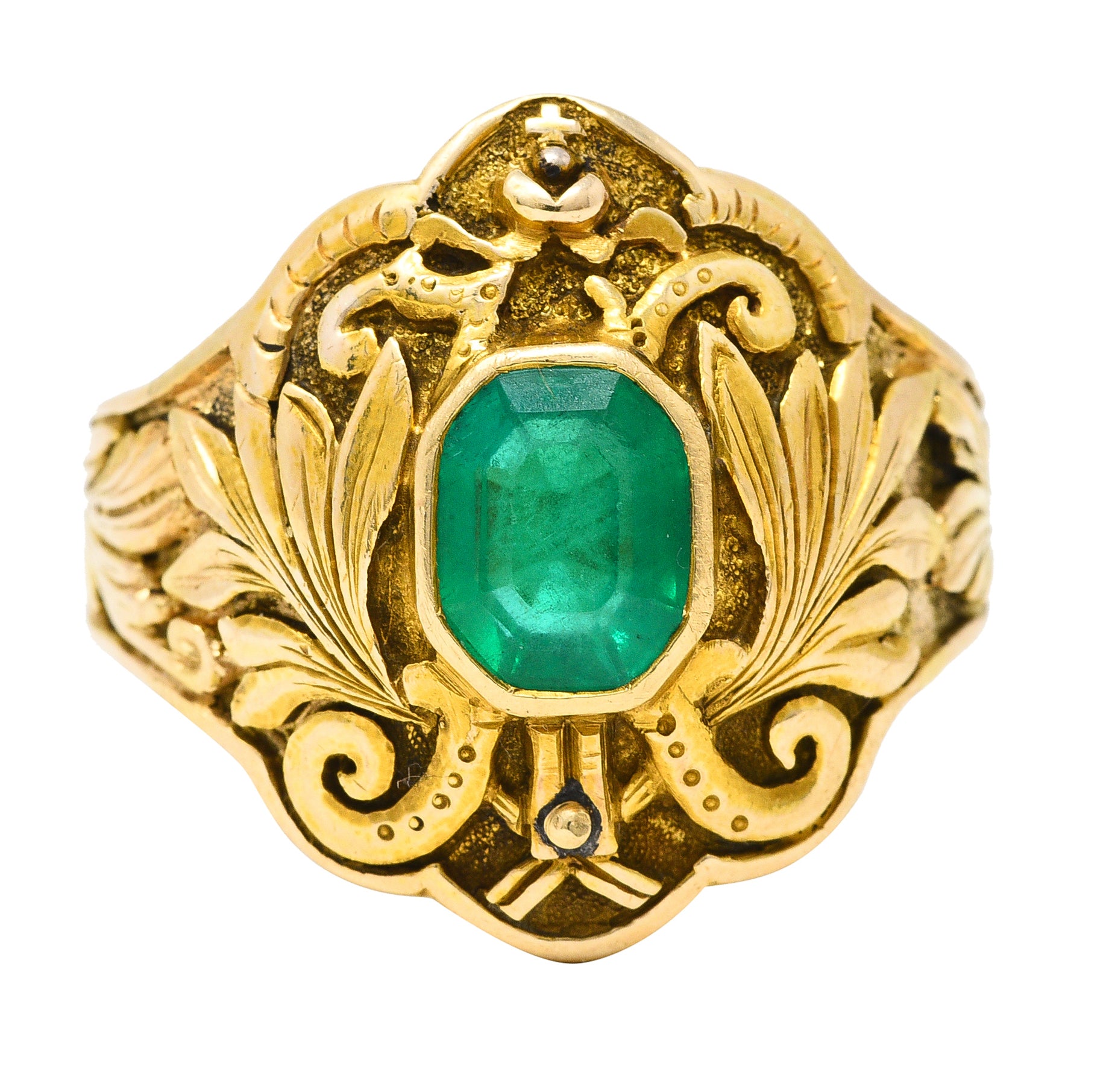 1906 Art Nouveau Emerald 18 Karat Yellow Gold Foliate Antique Band Ring Wilson's Estate Jewelry