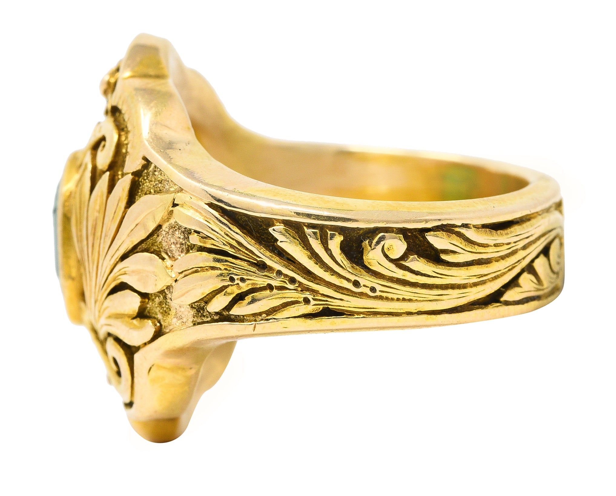 1906 Art Nouveau Emerald 18 Karat Yellow Gold Foliate Antique Band Ring Wilson's Estate Jewelry