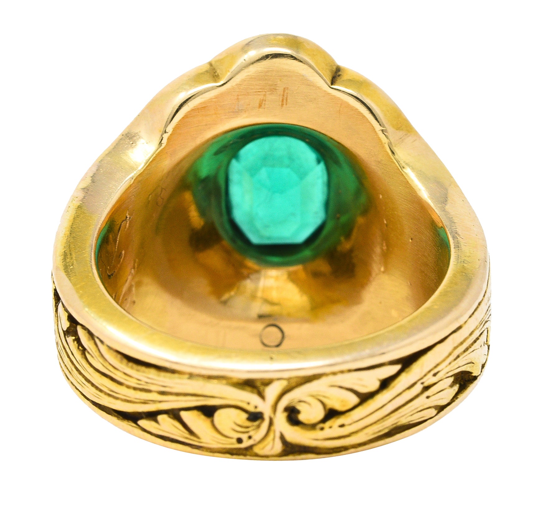 1906 Art Nouveau Emerald 18 Karat Yellow Gold Foliate Antique Band Ring Wilson's Estate Jewelry