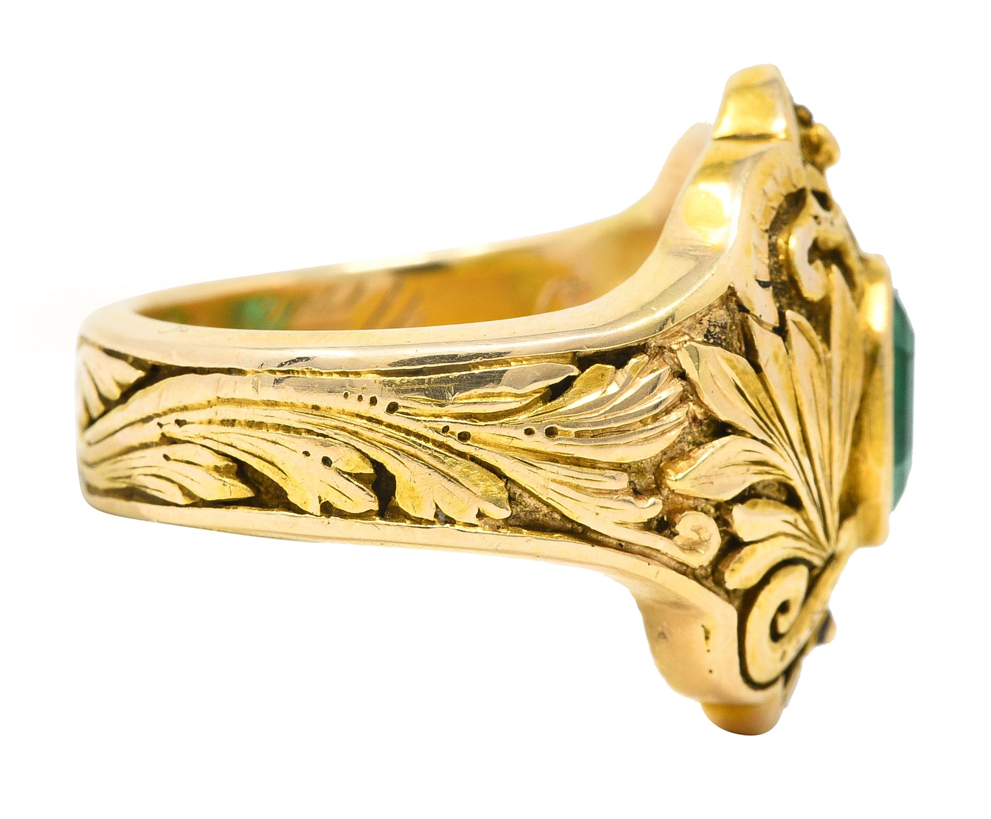 1906 Art Nouveau Emerald 18 Karat Yellow Gold Foliate Antique Band Ring Wilson's Estate Jewelry