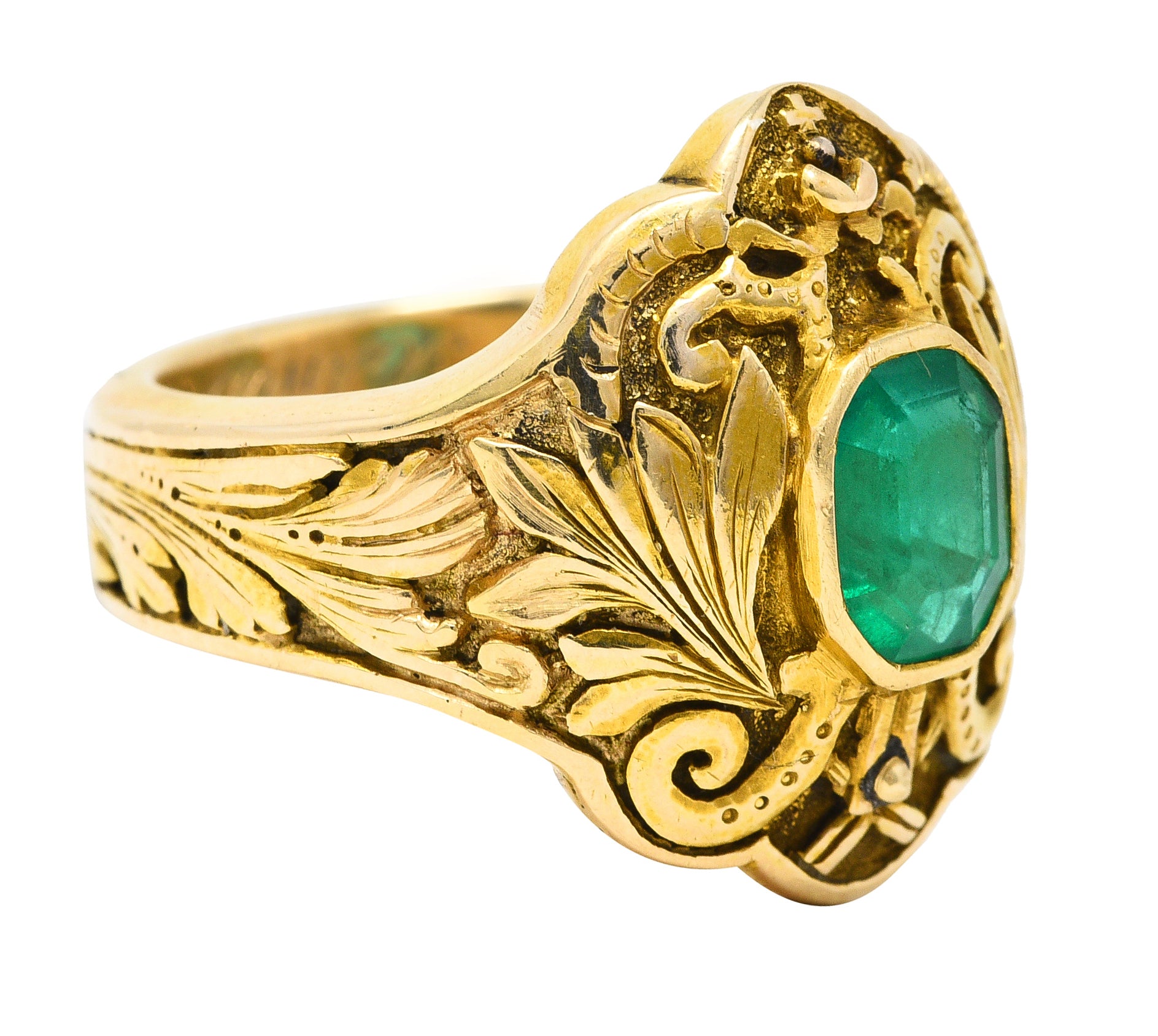 1906 Art Nouveau Emerald 18 Karat Yellow Gold Foliate Antique Band Ring Wilson's Estate Jewelry