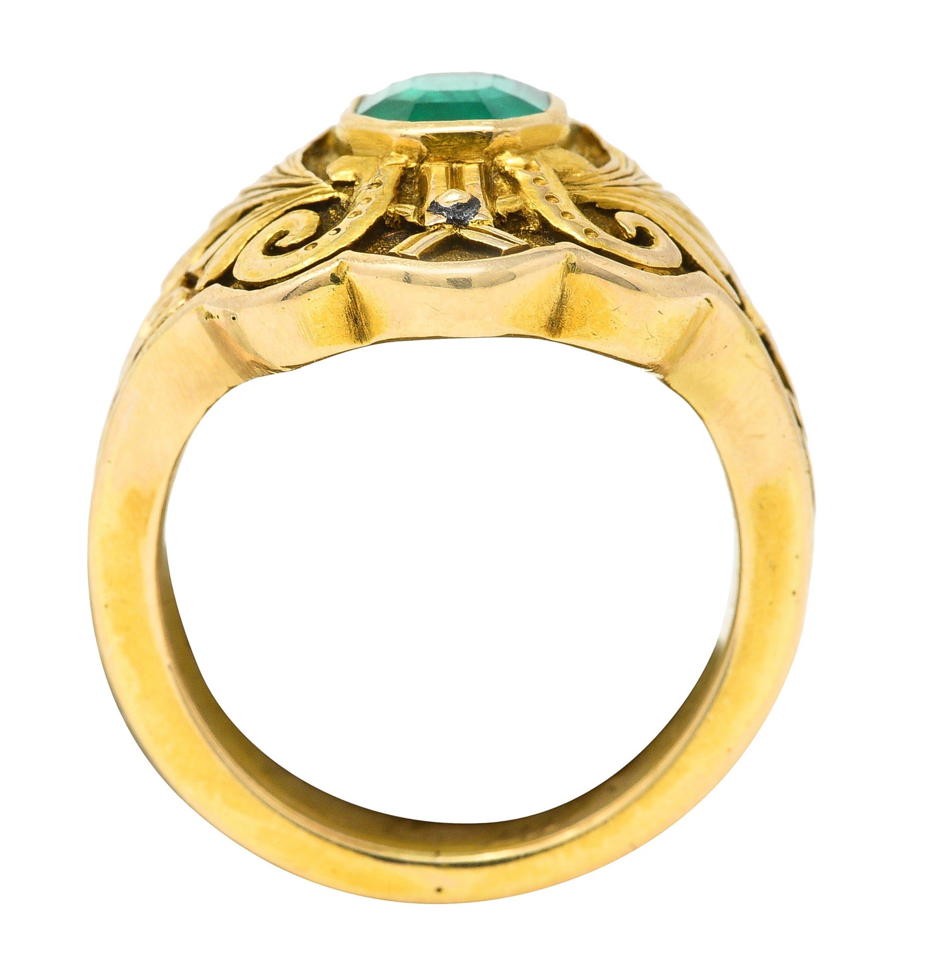 1906 Art Nouveau Emerald 18 Karat Yellow Gold Foliate Antique Band Ring Wilson's Estate Jewelry