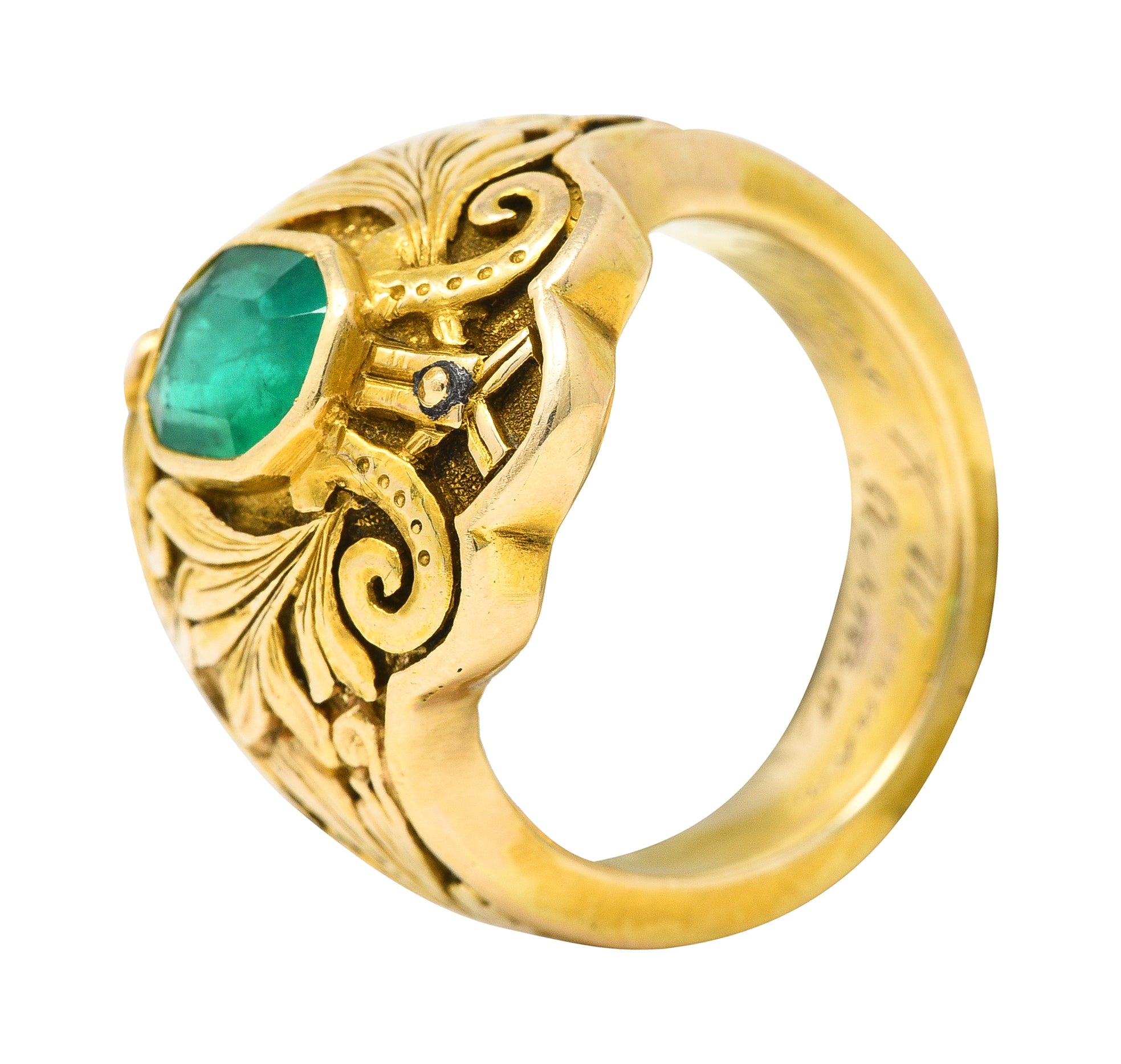 1906 Art Nouveau Emerald 18 Karat Yellow Gold Foliate Antique Band Ring Wilson's Estate Jewelry