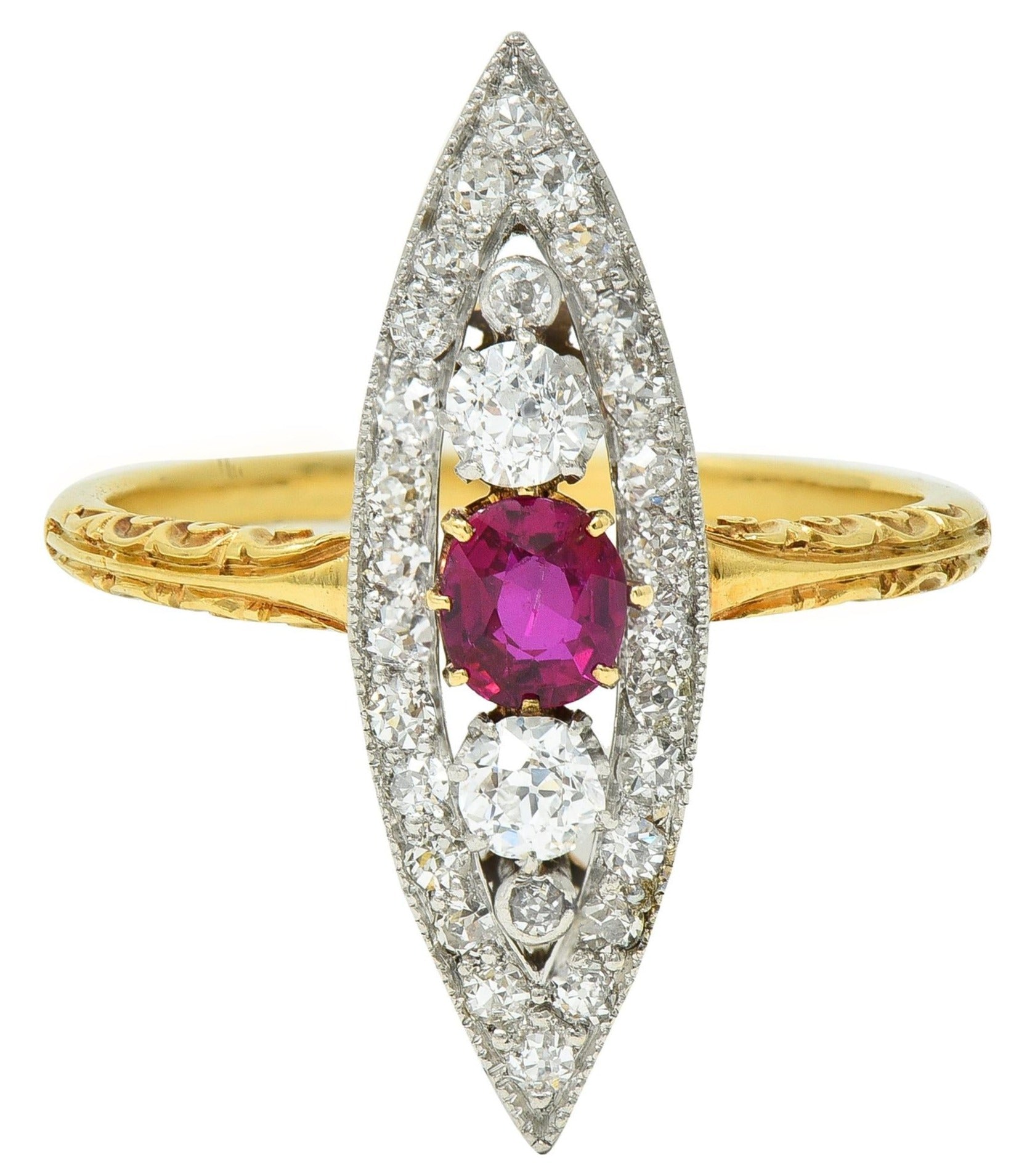 Edwardian 0.62 CTW Ruby Diamond Platinum 18 Karat Gold Scroll Navette Ring