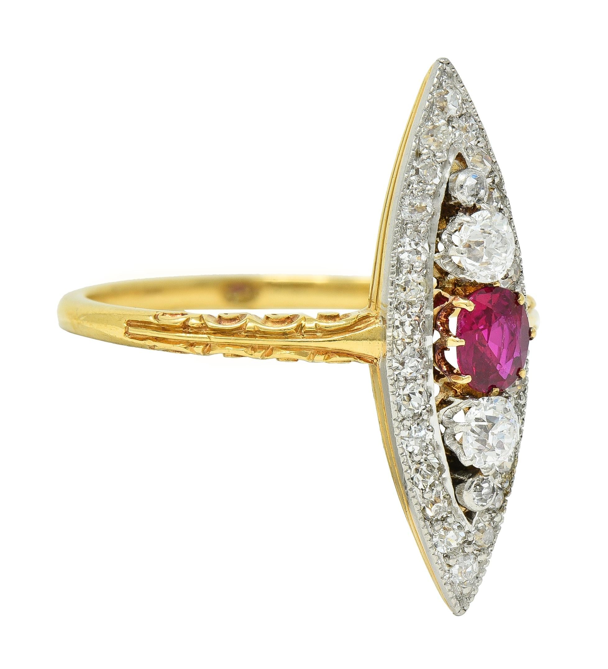 Edwardian 0.62 CTW Ruby Diamond Platinum 18 Karat Gold Scroll Navette Ring