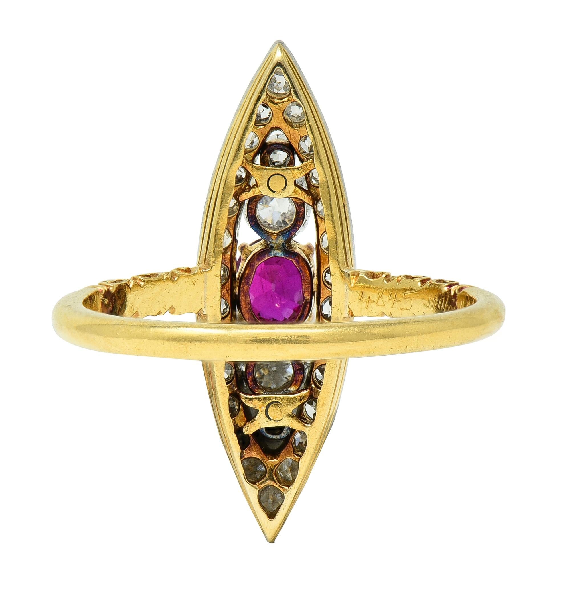 Edwardian 0.62 CTW Ruby Diamond Platinum 18 Karat Gold Scroll Navette Ring