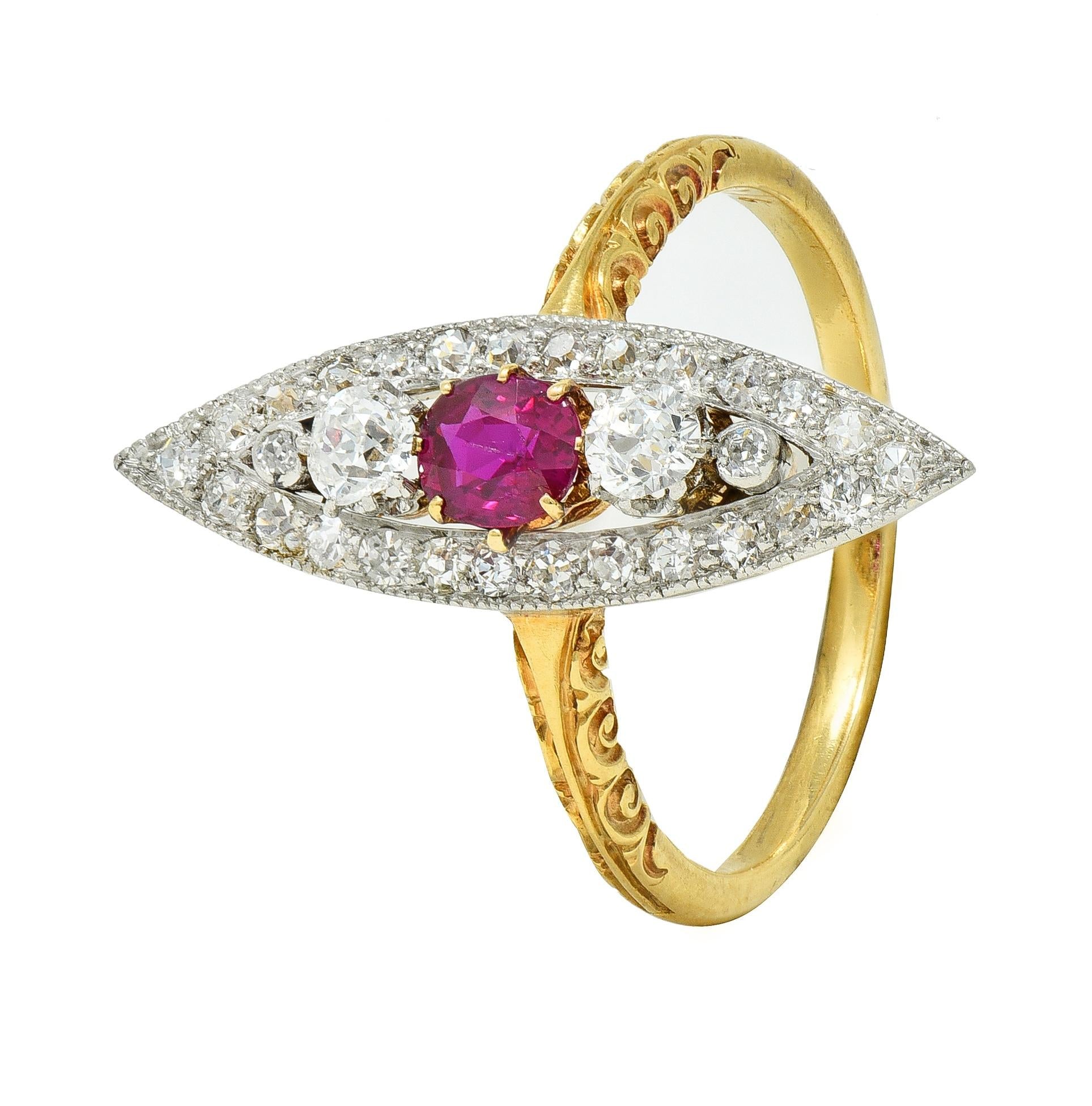 Edwardian 0.62 CTW Ruby Diamond Platinum 18 Karat Gold Scroll Navette Ring