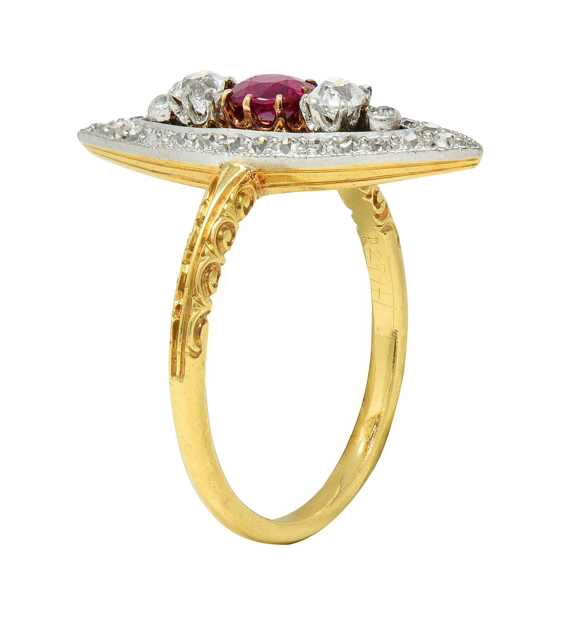 Edwardian 0.62 CTW Ruby Diamond Platinum 18 Karat Gold Scroll Navette Ring