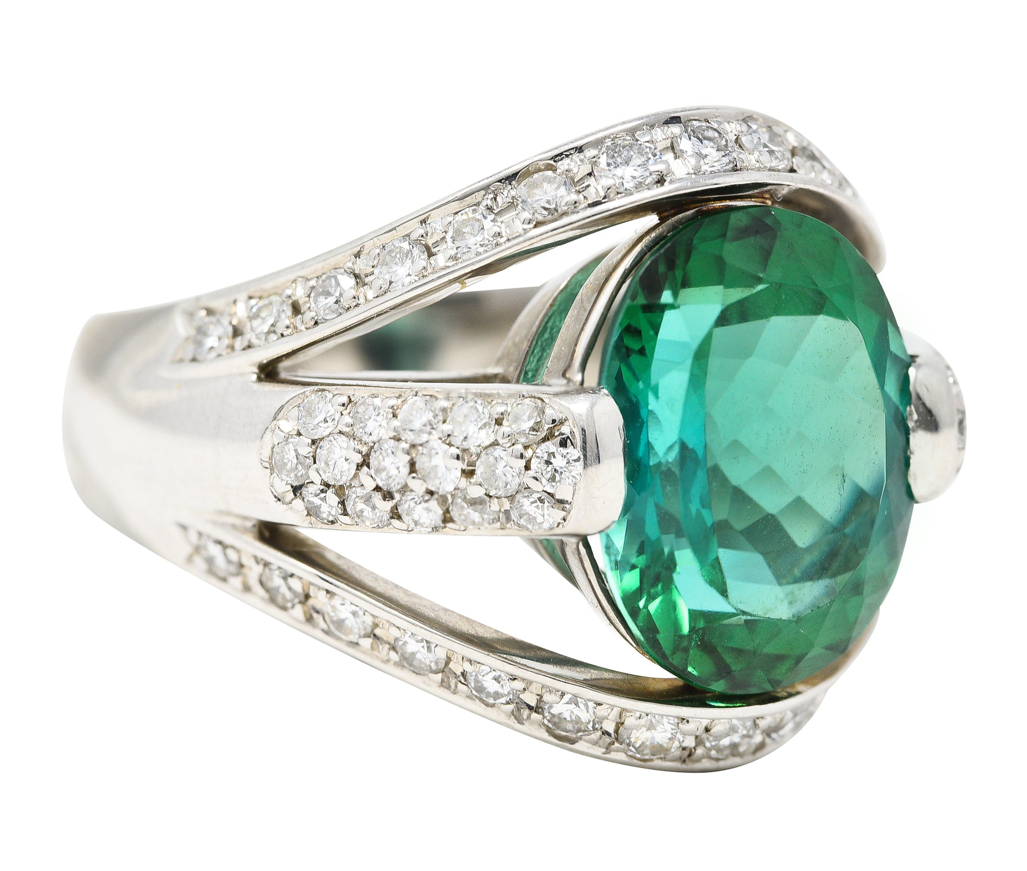 Contemporary 6.62 CTW Green Tourmaline Diamond Platinum Gemstone Band Ring Wilson's Estate Jewelry